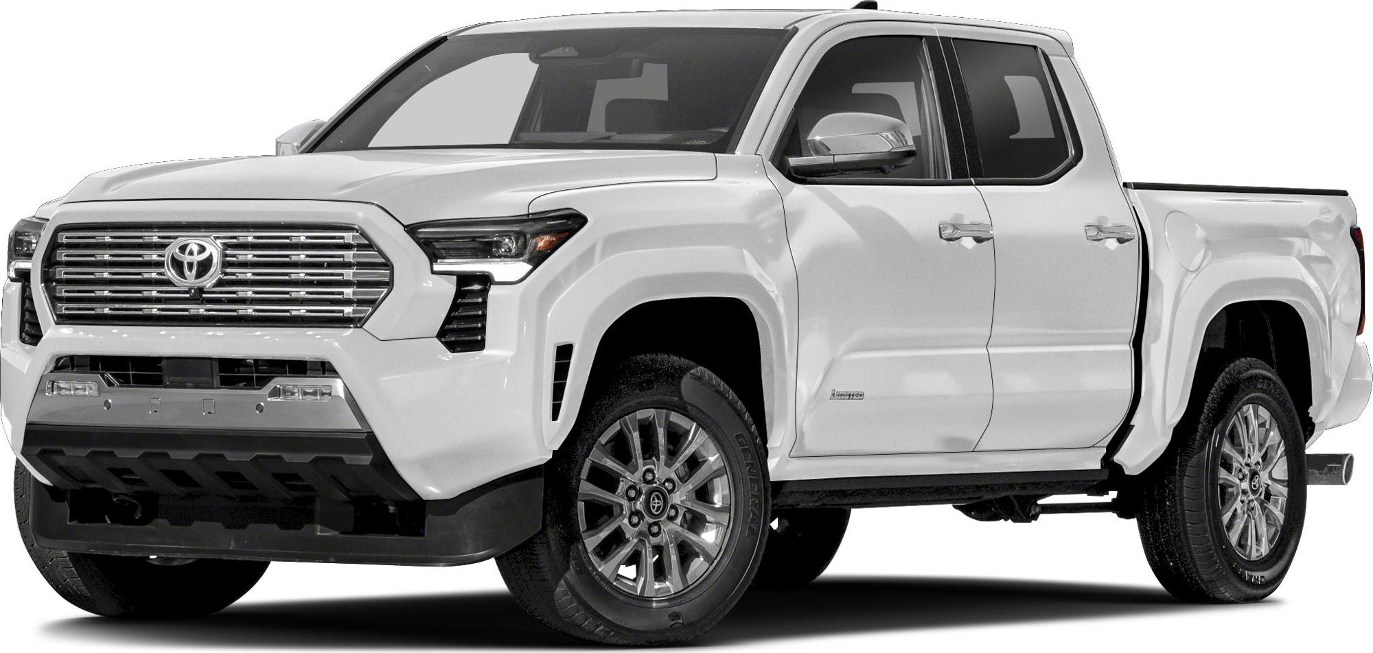 Front and side view of a mid-size pickup truck with double cab doors.