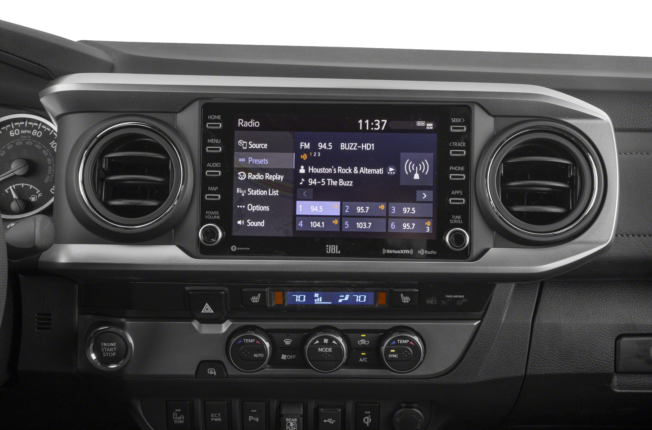Infotainment touchscreen and dual climate controls with push start button