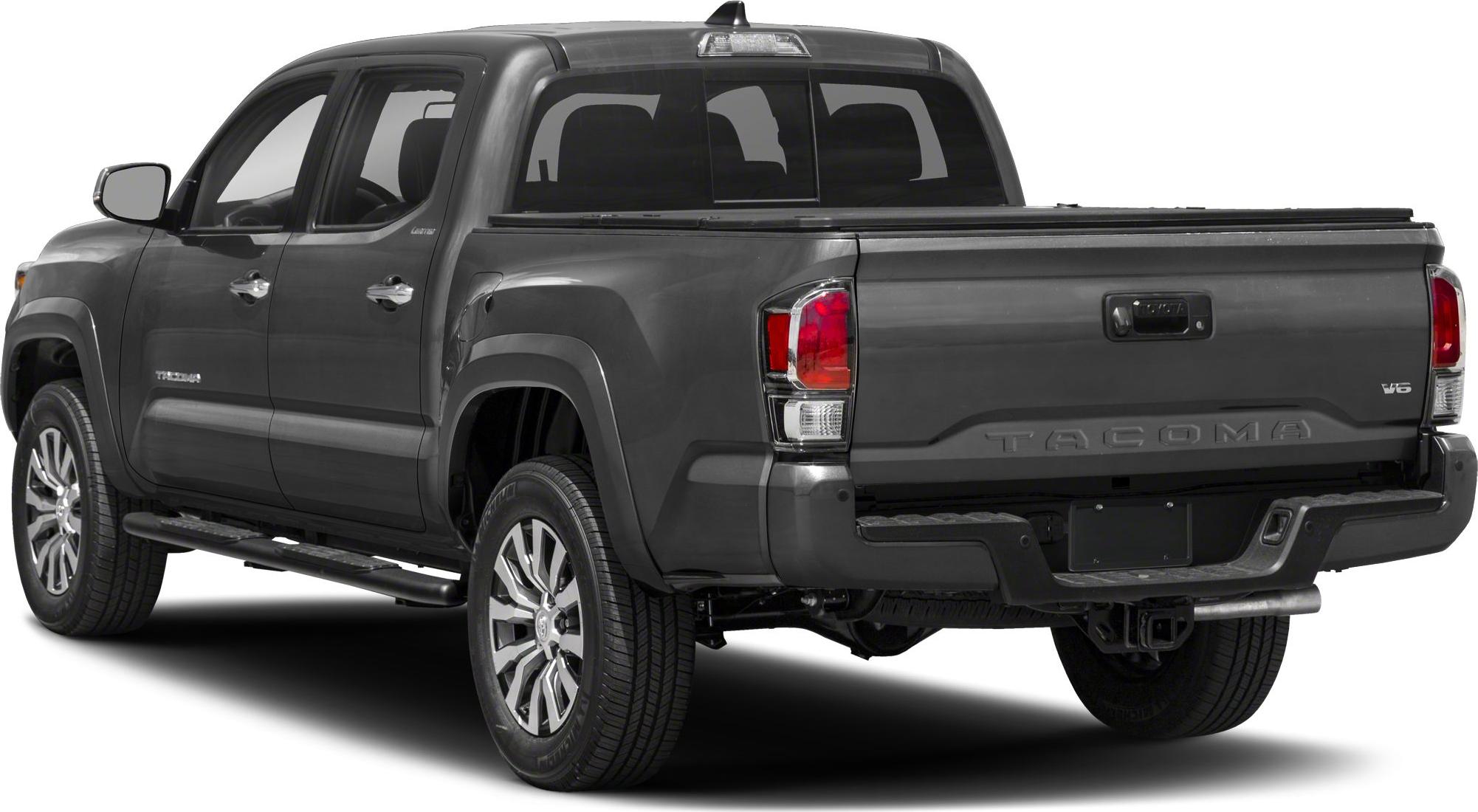 Pickup truck rear and side view, double cab, V6 badge, alloy wheels, tailgate with embossed lettering