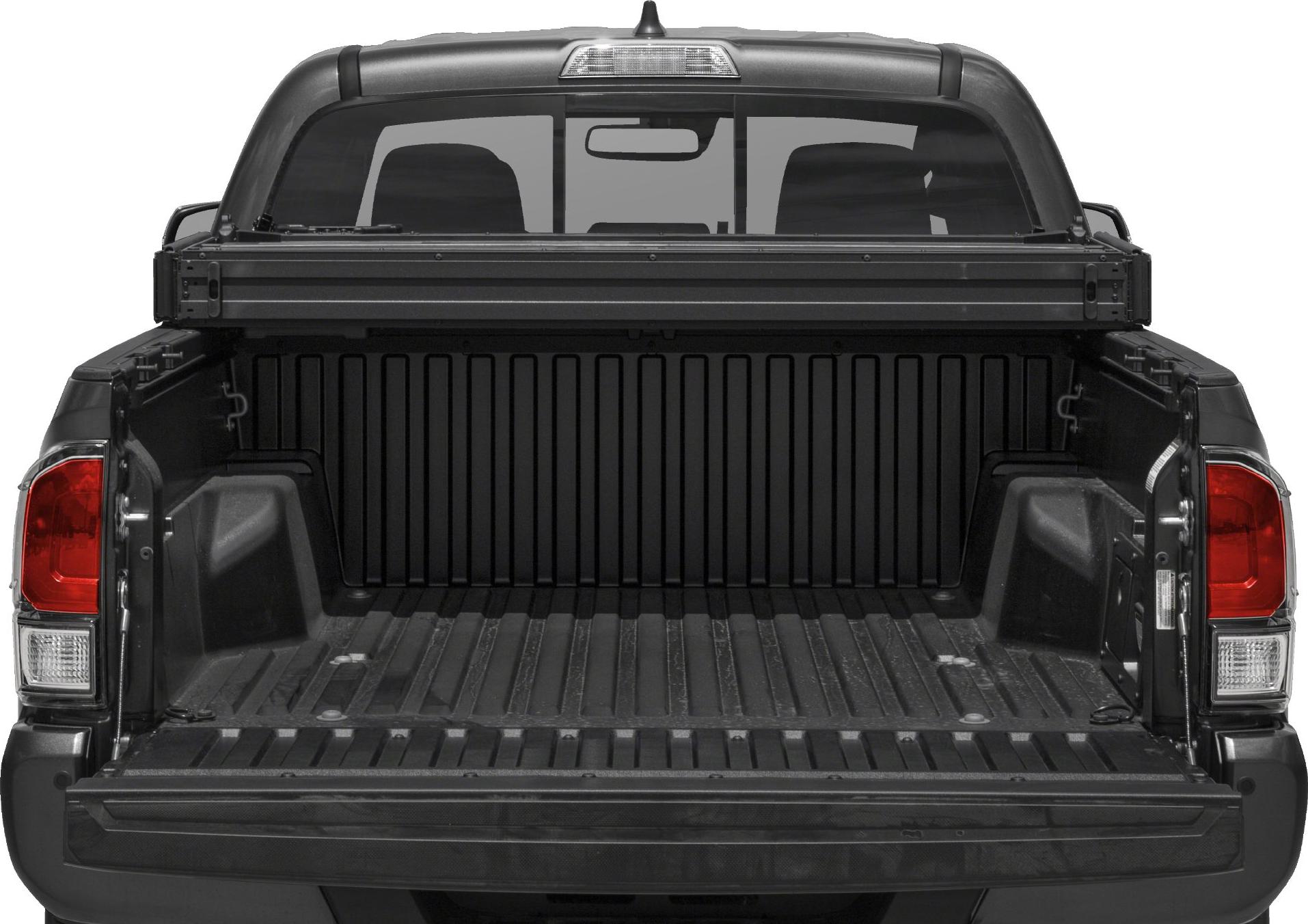 Open pickup truck bed with protective liner and tailgate lowered