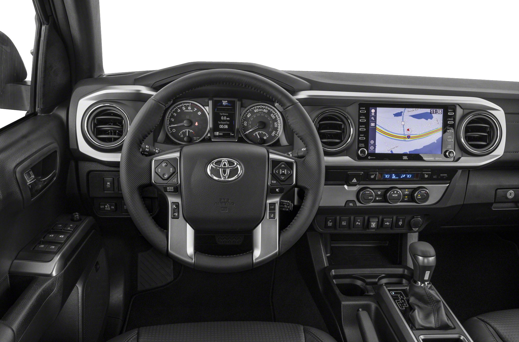 Interior dashboard with steering wheel, touchscreen, and gear shift