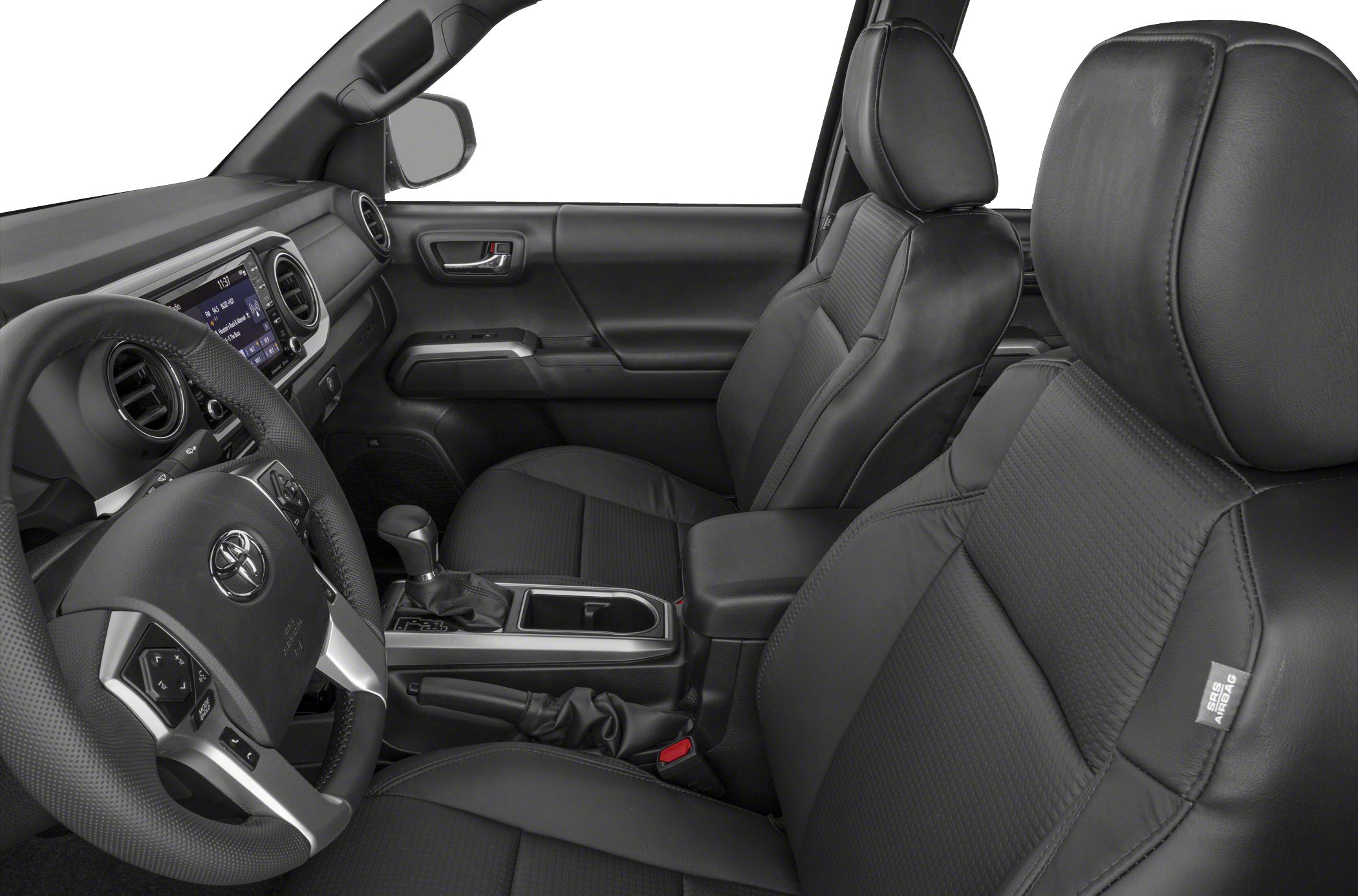 Black leather seats and dashboard interior with steering wheel and gear shifter