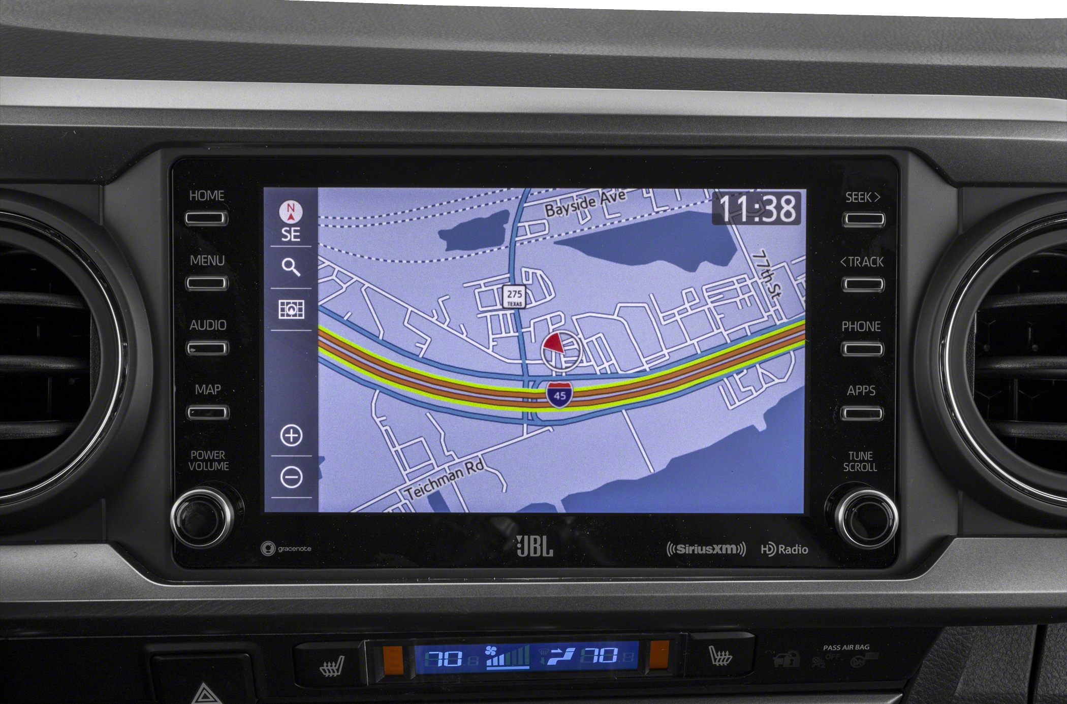 Touchscreen navigation display with map and control buttons