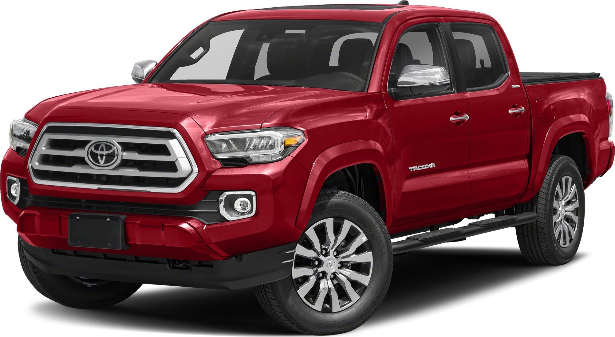 Red mid-size pickup truck front and side view with grille and alloy wheels