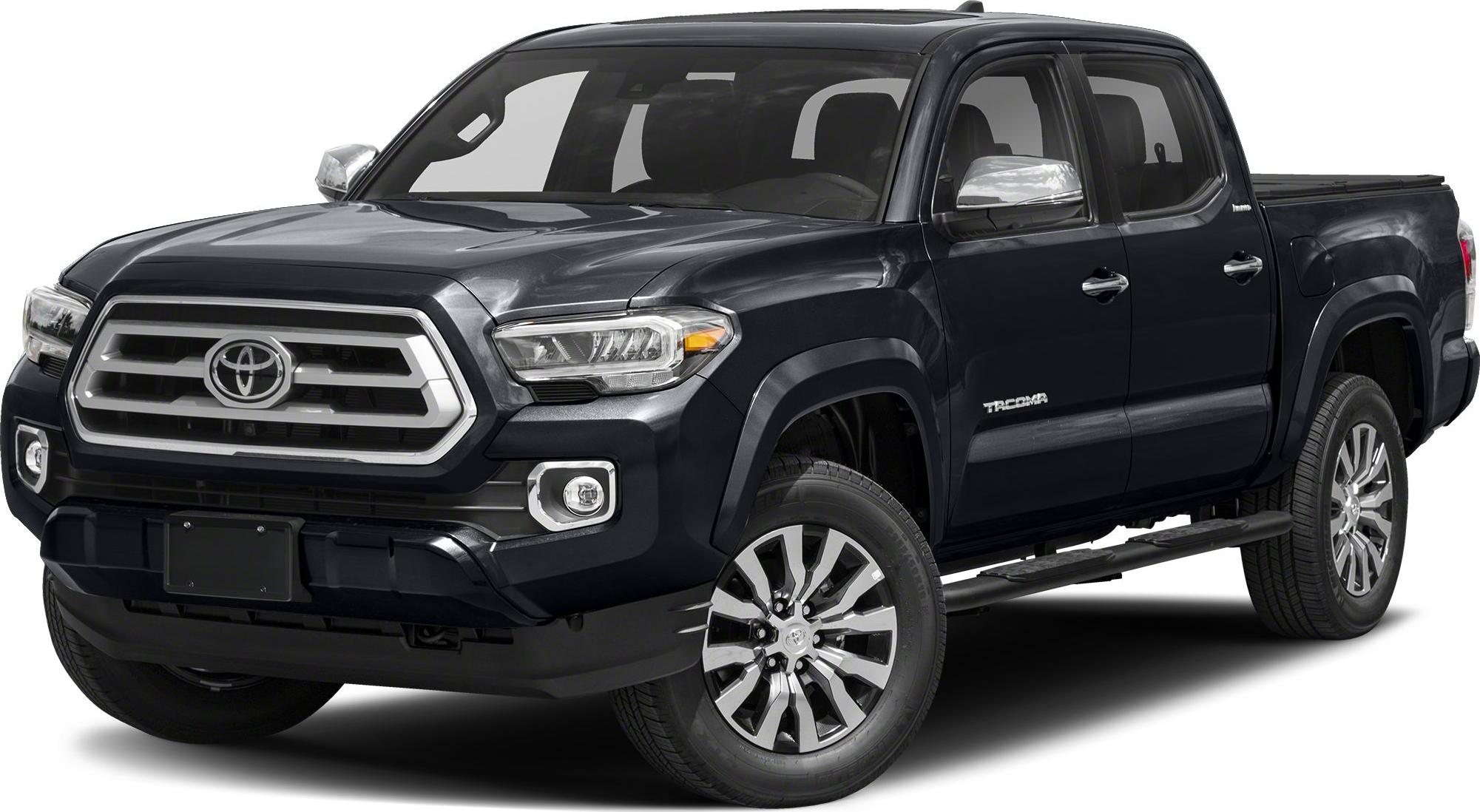 Front angled view of black double cab pickup with alloy wheels and modern grill