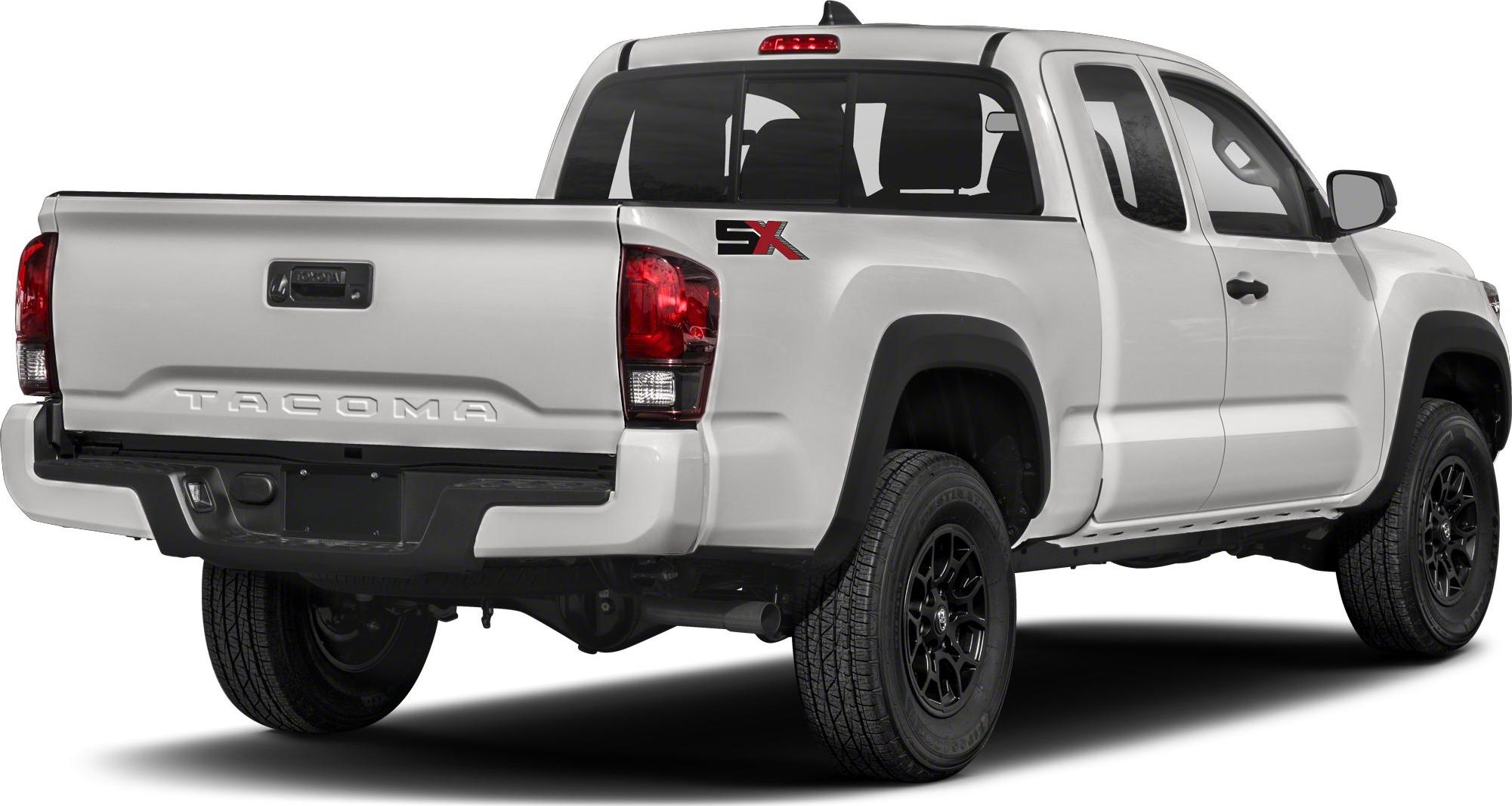 Rear side view of an extended cab pickup truck with black rims and red taillights