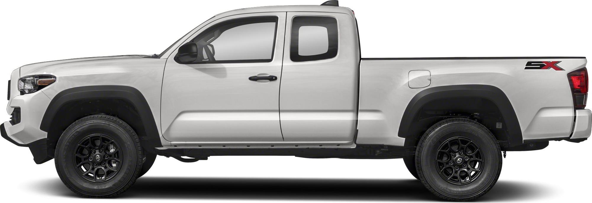 Side profile of white mid-size pickup with extended cab and black wheels