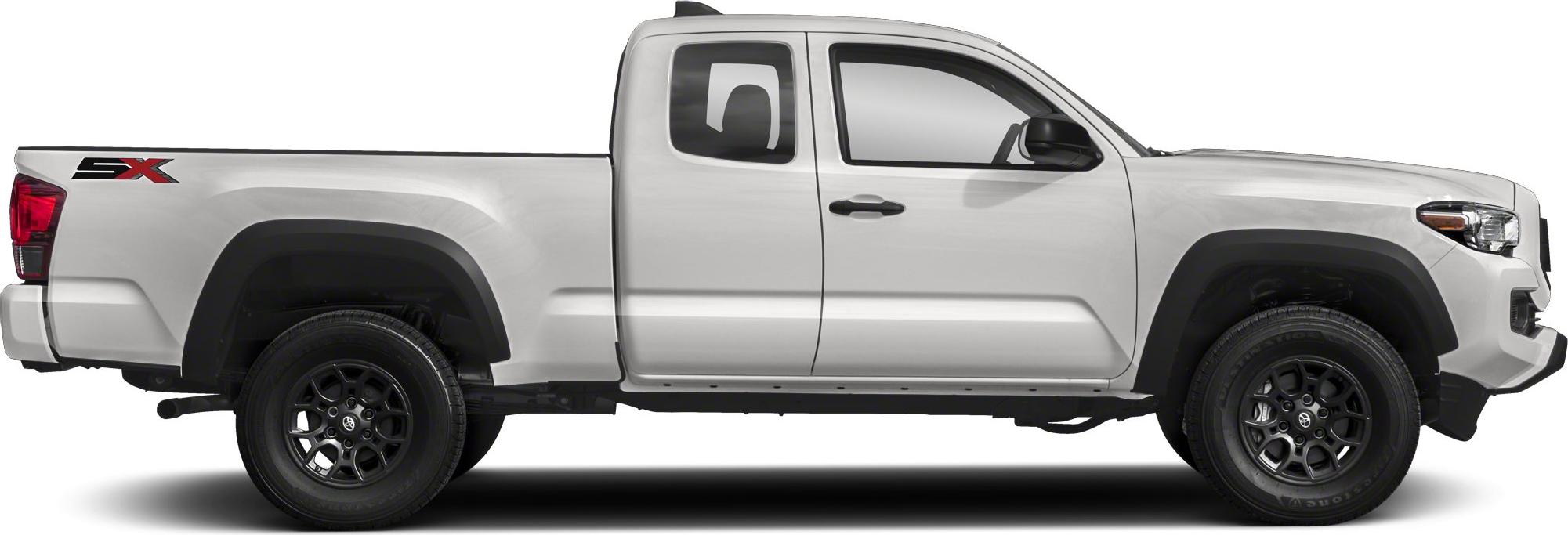 Side profile of pickup with extended cab and black rims