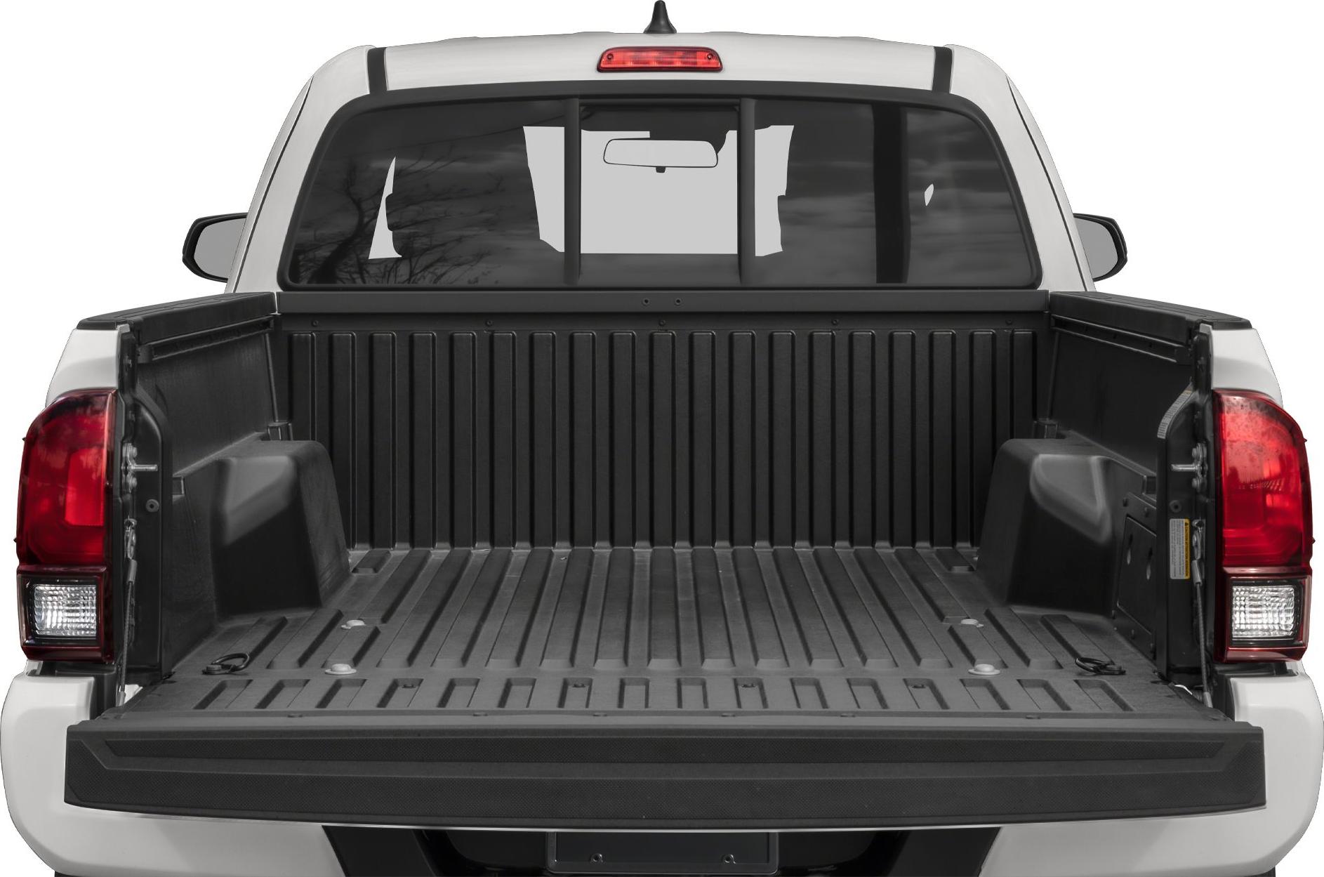 Empty truck bed with open tailgate and rear window visible