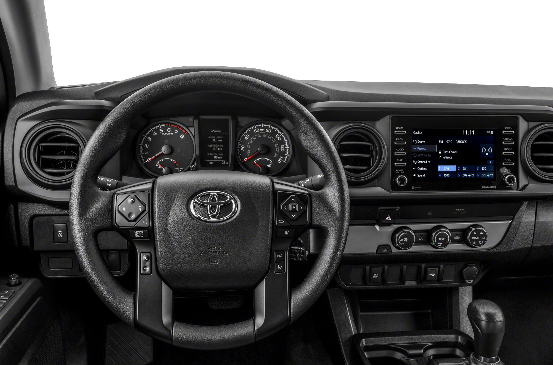 Dashboard steering wheel and infotainment system of mid-size pickup