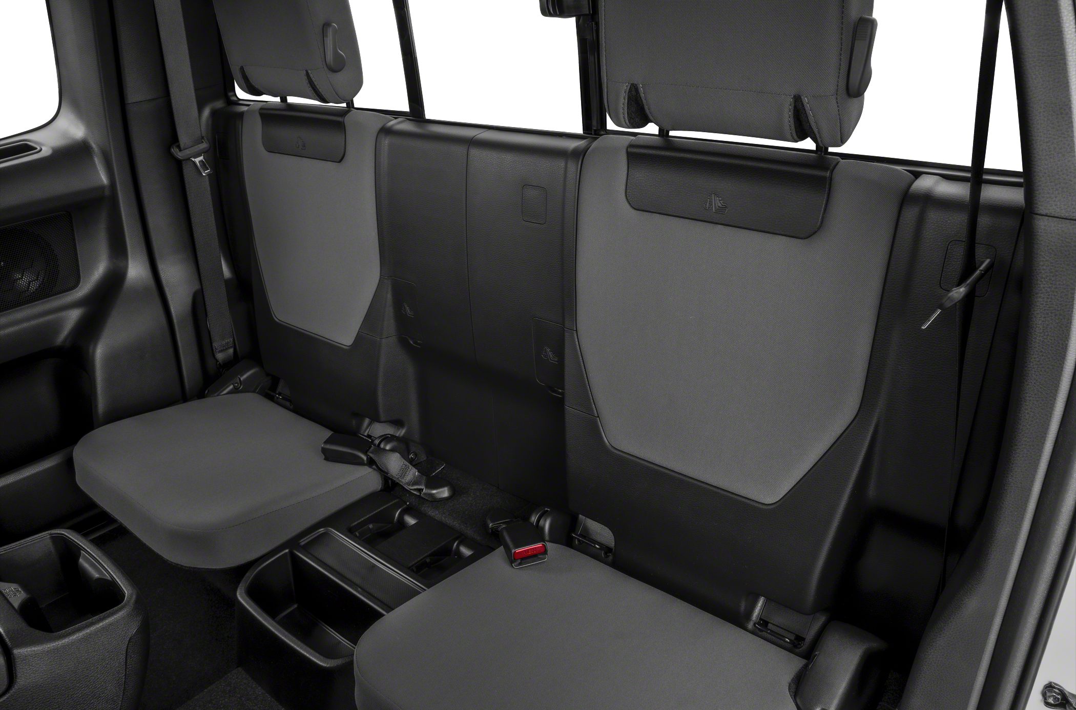Compact rear fold-up seats with seatbelt in pickup truck interior