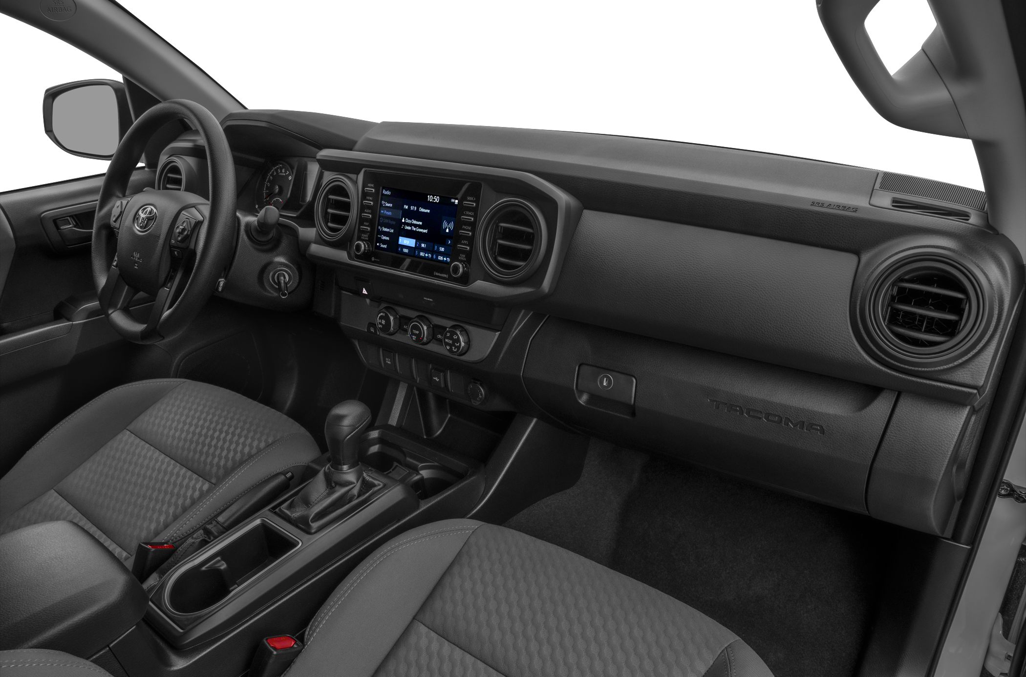 Modern truck interior with dashboard, infotainment screen, and ergonomic seats