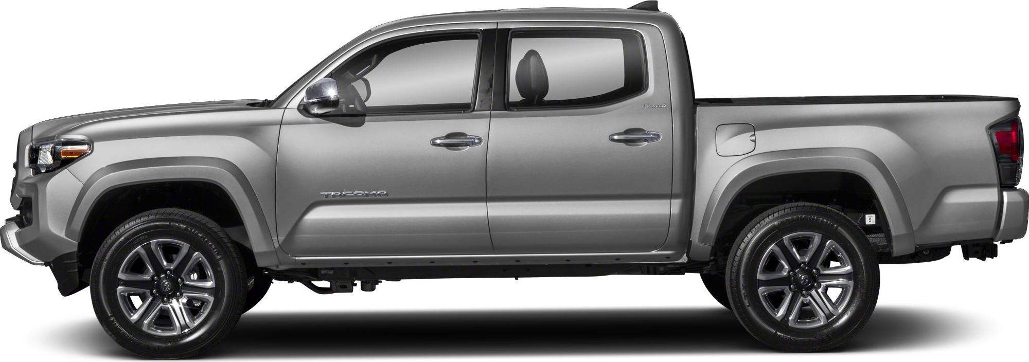 Side profile of double cab pickup truck with extended bed.