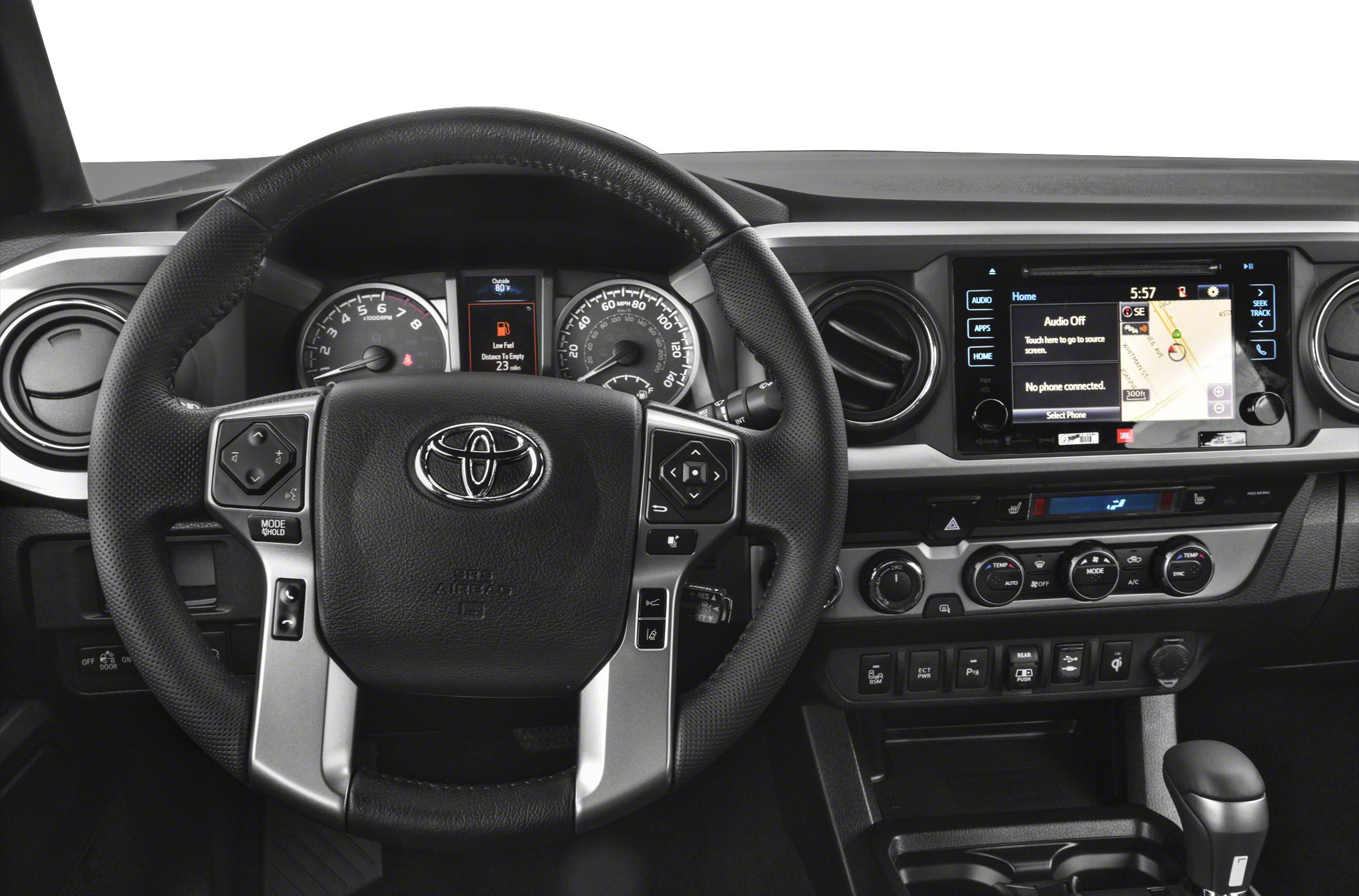Dashboard and steering wheel with touchscreen and control buttons