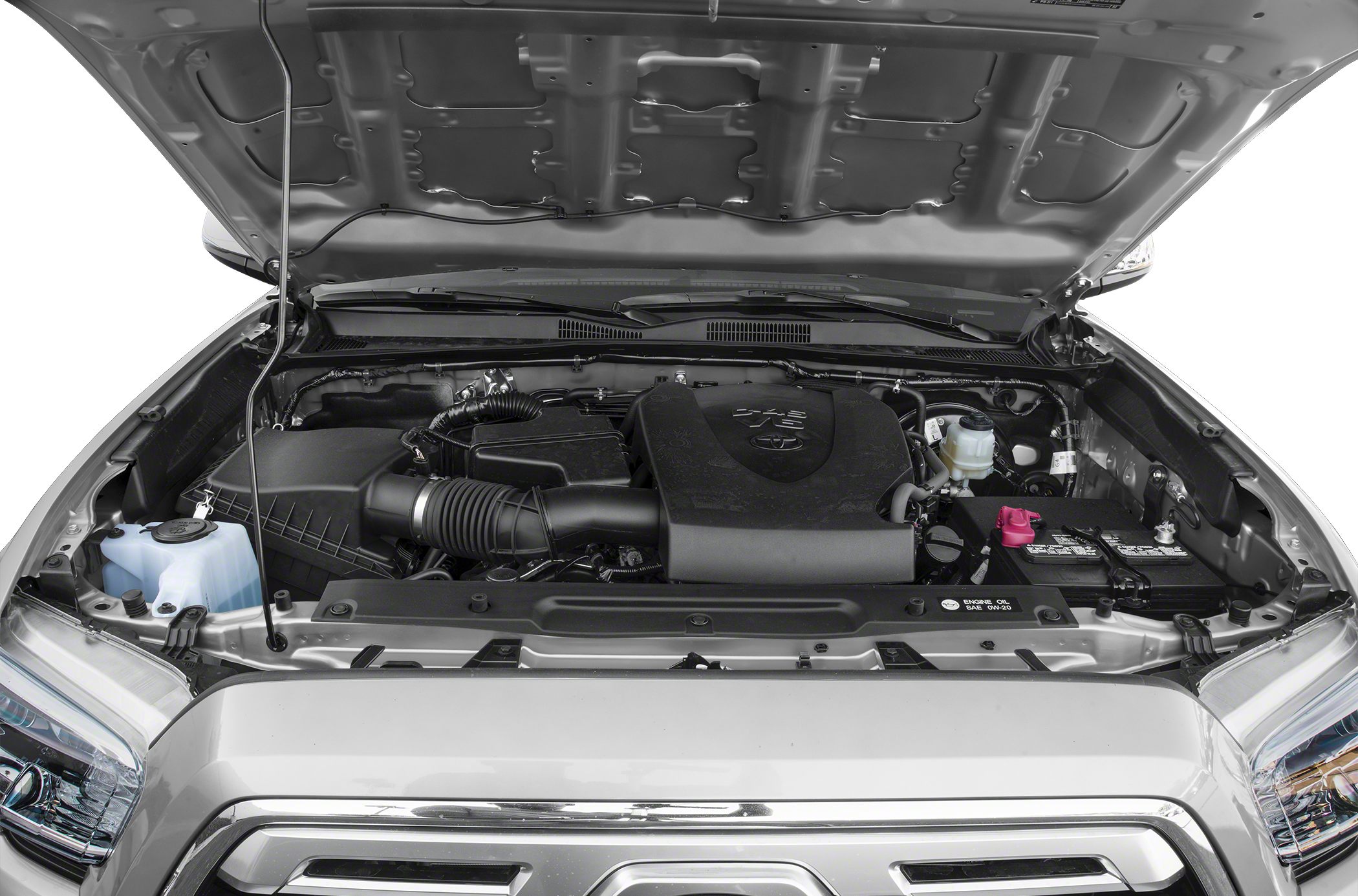 Open engine bay with V6 engine and components