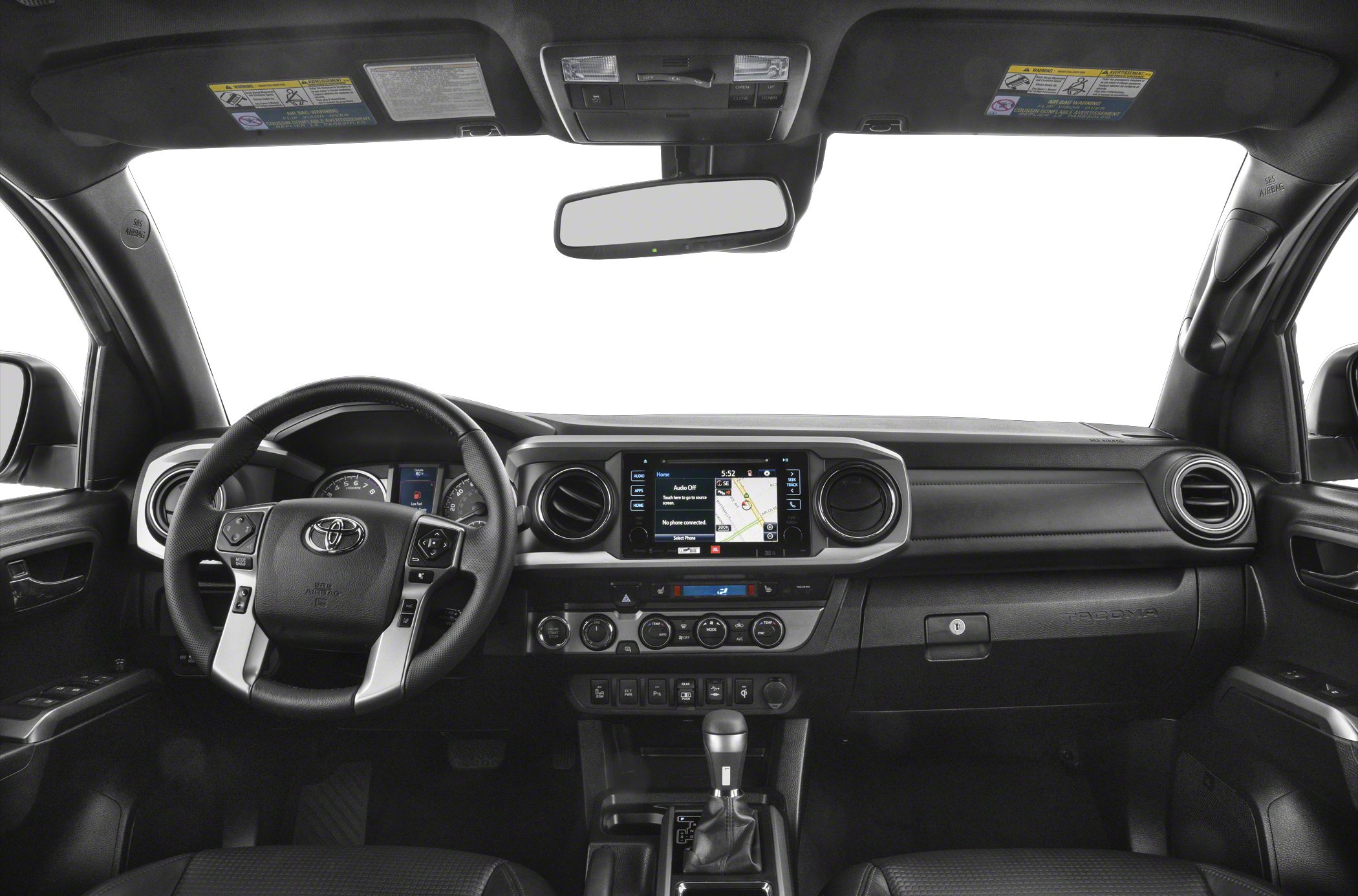 Steering wheel, dashboard, touchscreen navigation, and center console interior view