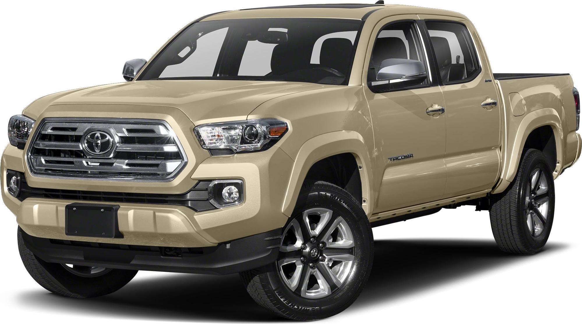 Front three-quarter view of beige mid-size pickup with double cab and alloy wheels