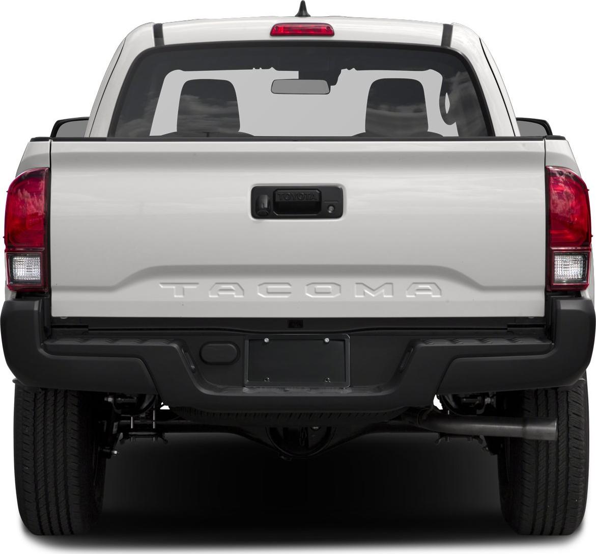 Pickup truck rear tailgate with embossed lettering and rear lights.