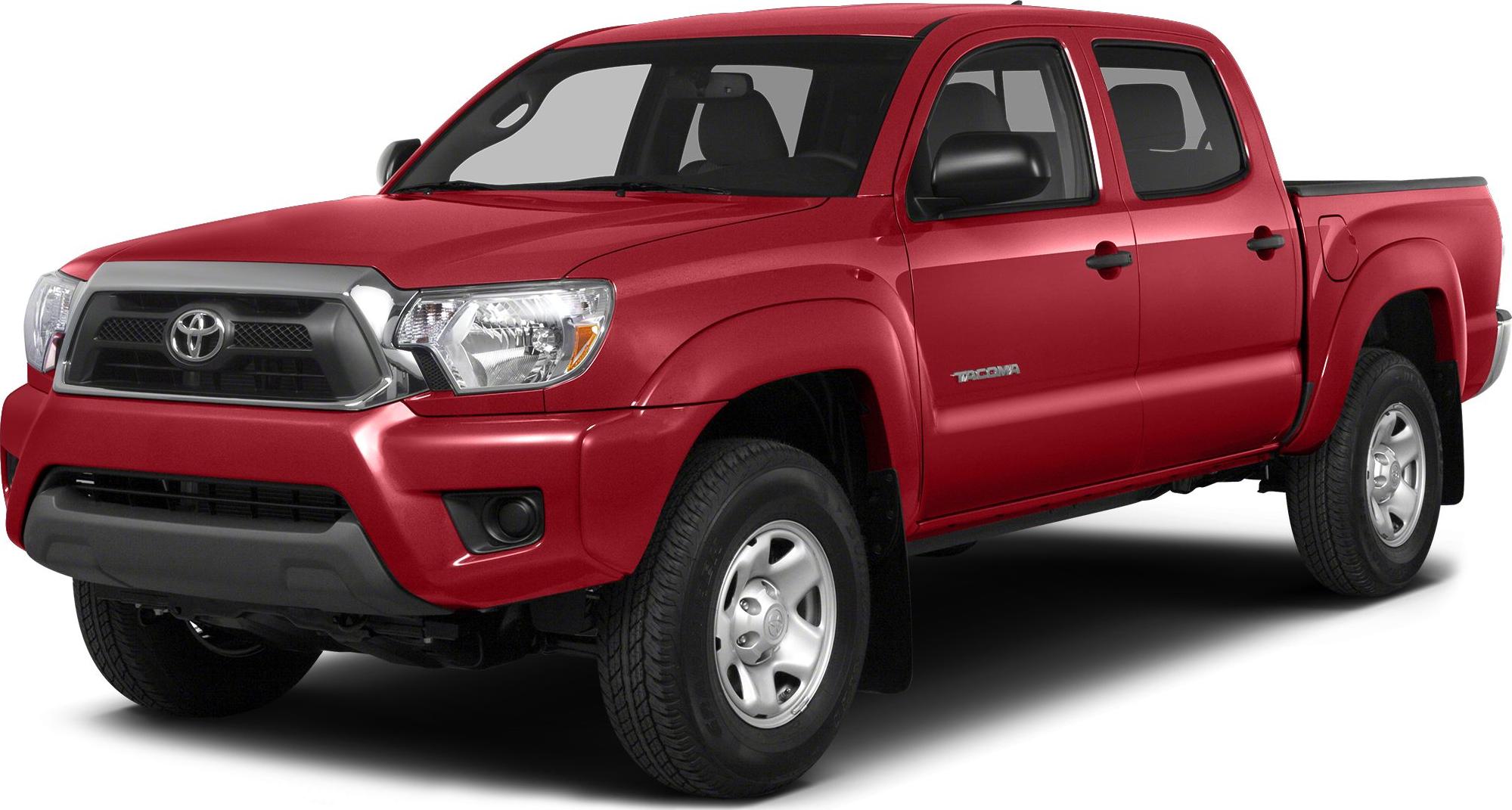 Red double cab pickup with black grille, fog lights, and four doors