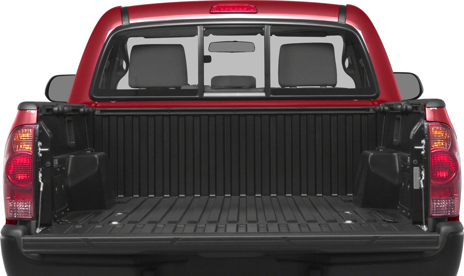 Open tailgate with spacious truck bed and rear window view