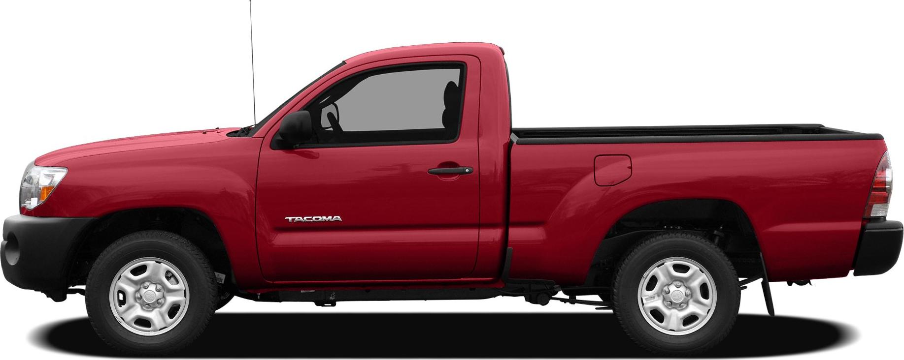 Red pickup truck with regular cab and cargo bed side view