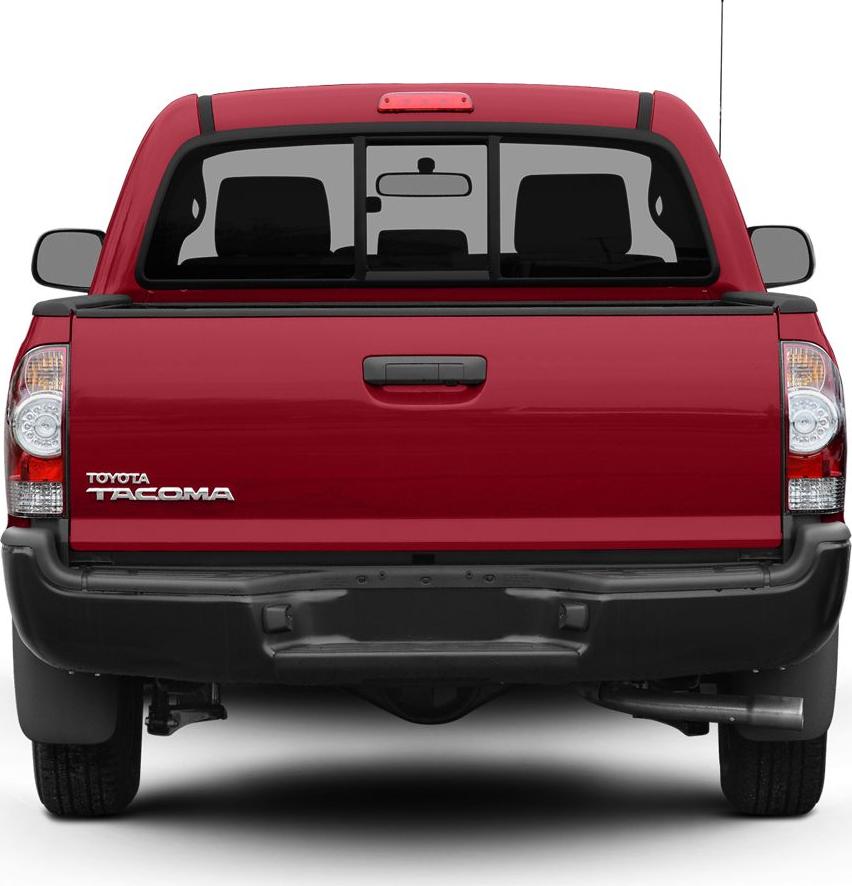 Rear view of red pickup showing tailgate, rear window, and taillights