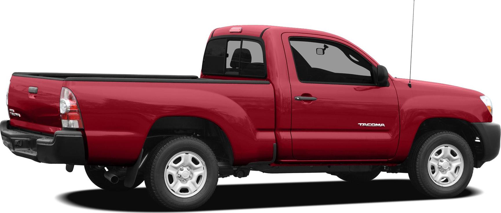 Side view of red compact pickup with extended cab and truck bed
