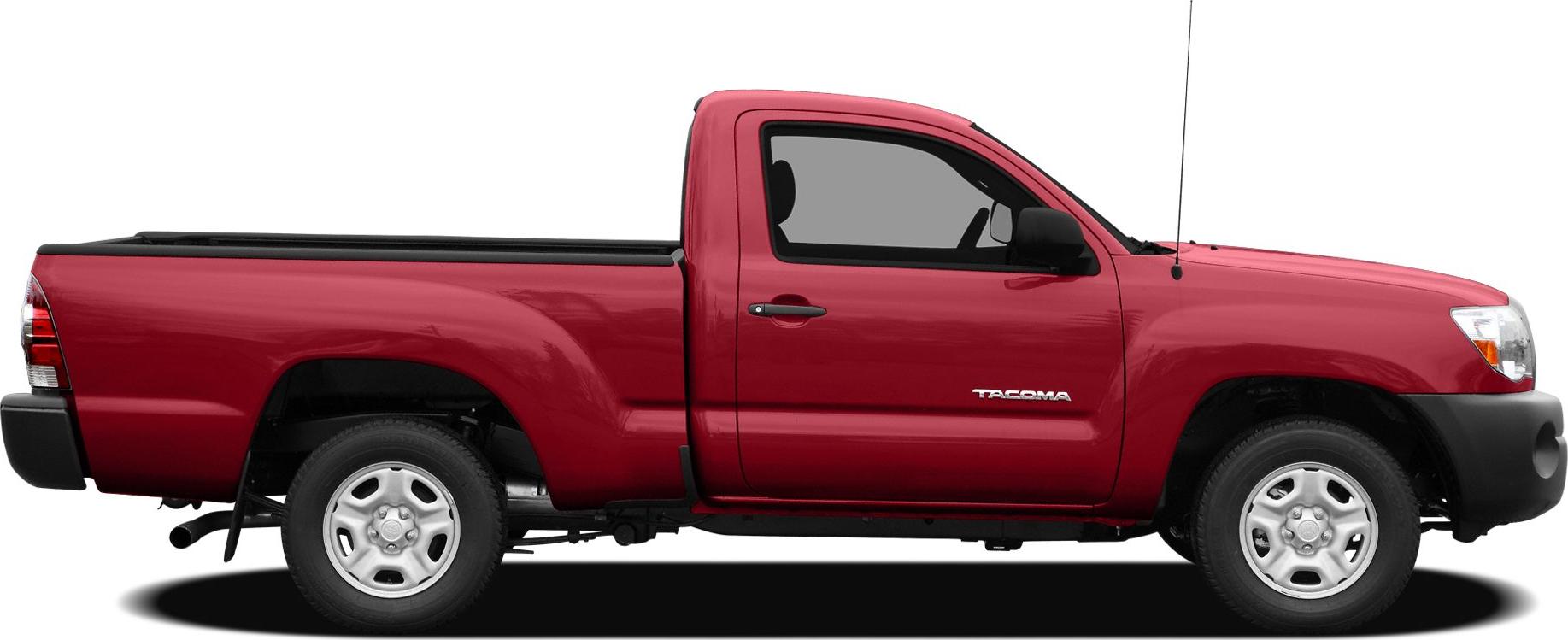 Side view of red pickup truck with extended bed and two-door cab