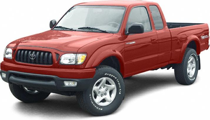 Red pickup truck with extended cab and rugged off-road tires front view