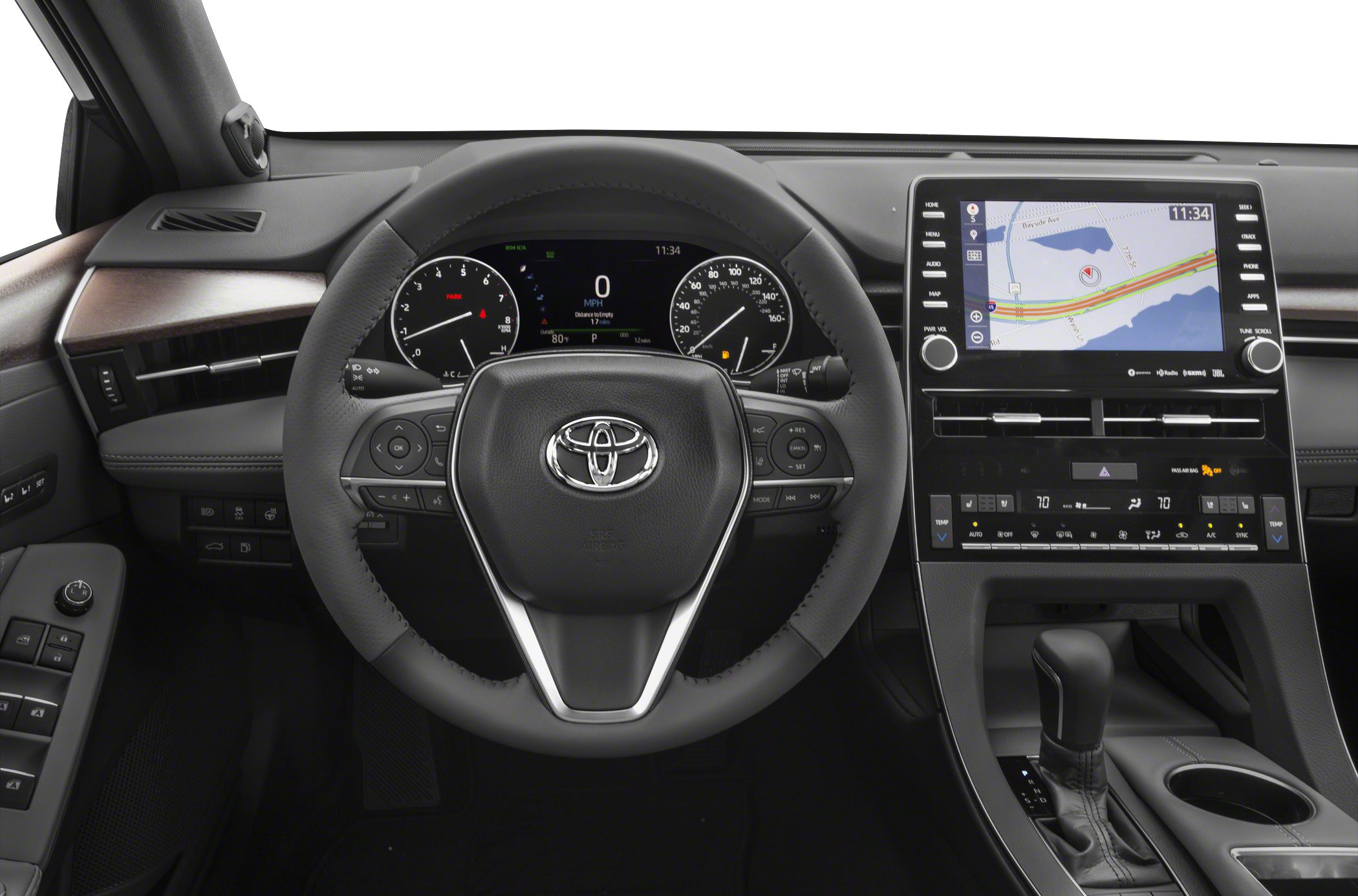 Leather-wrapped steering wheel with digital dashboard and navigation display.