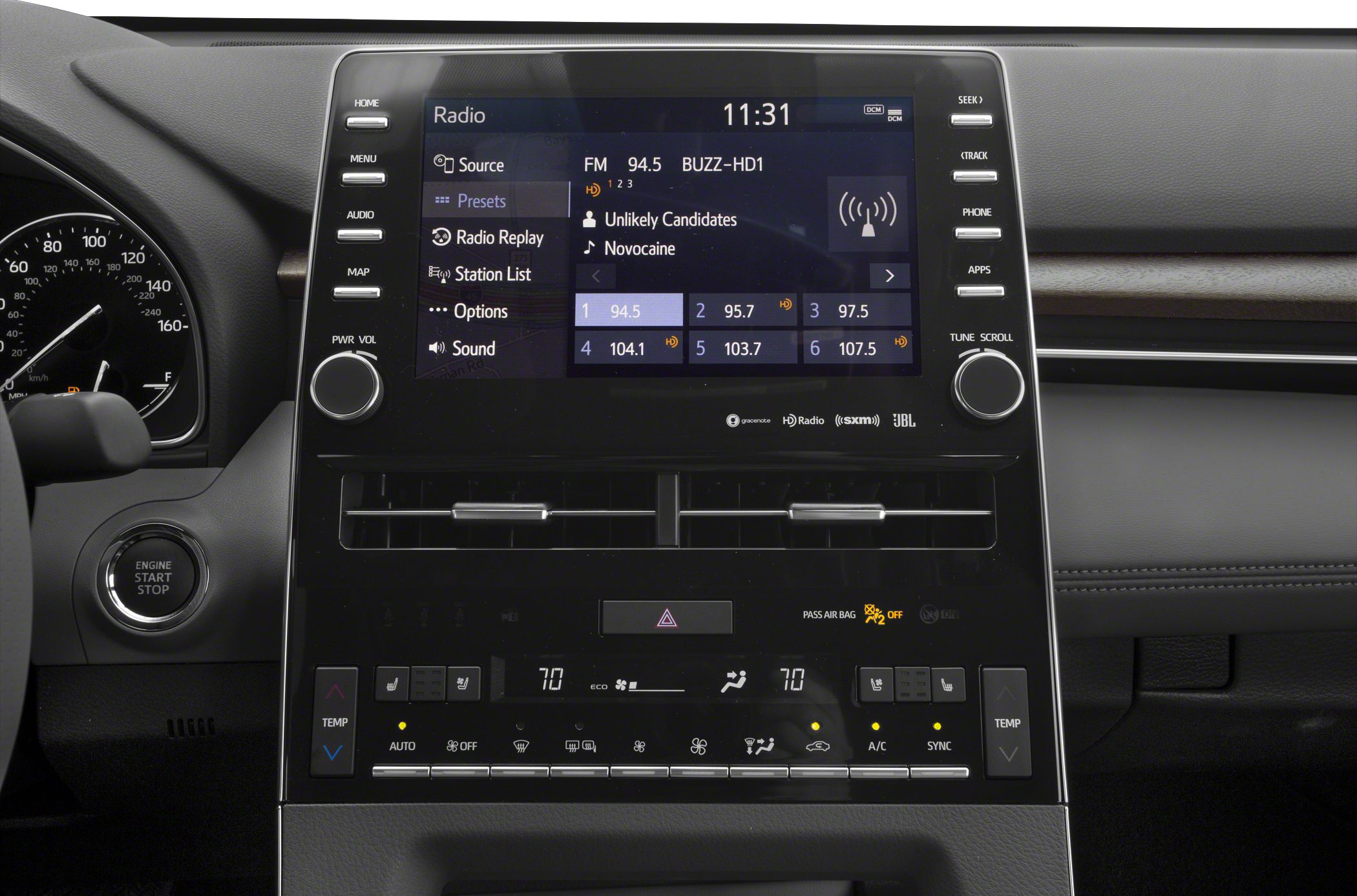 Touchscreen infotainment and dual-zone climate control panel with push start button