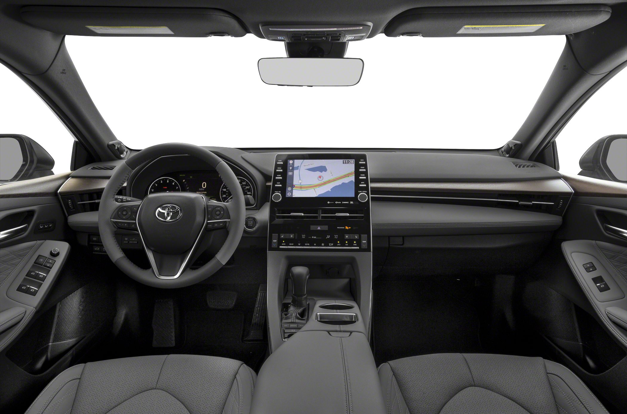 Modern black leather interior with digital dashboard and infotainment touchscreen