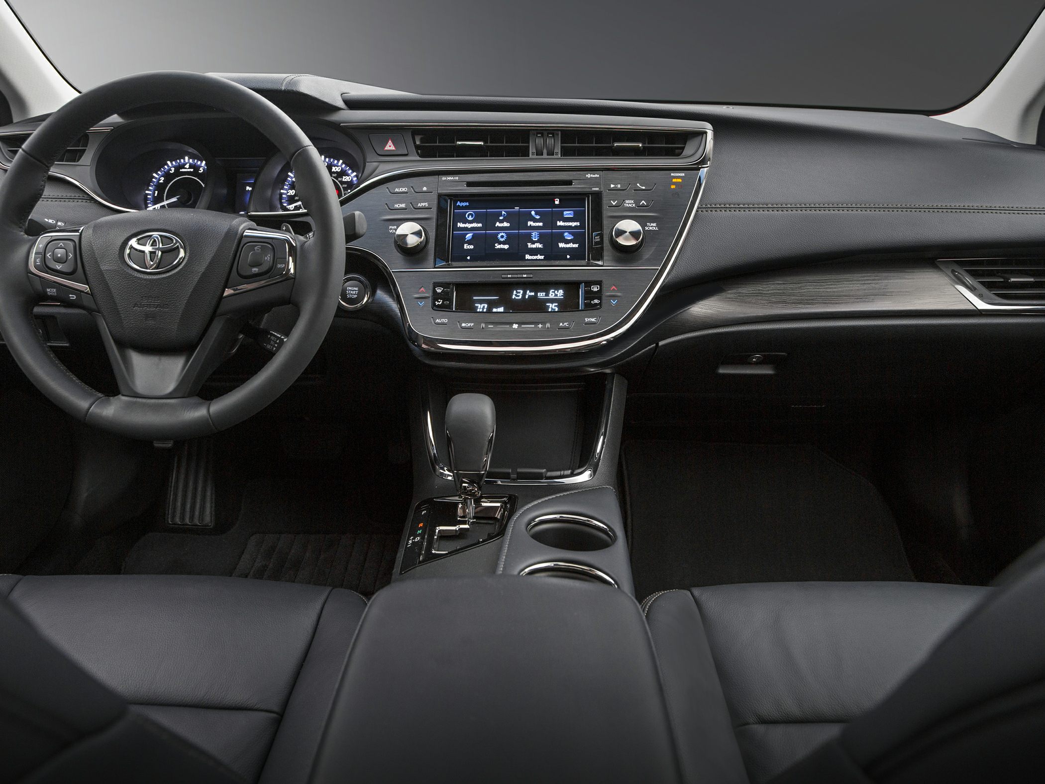 Interior dashboard, touchscreen infotainment, leather steering wheel, automatic gear shifter