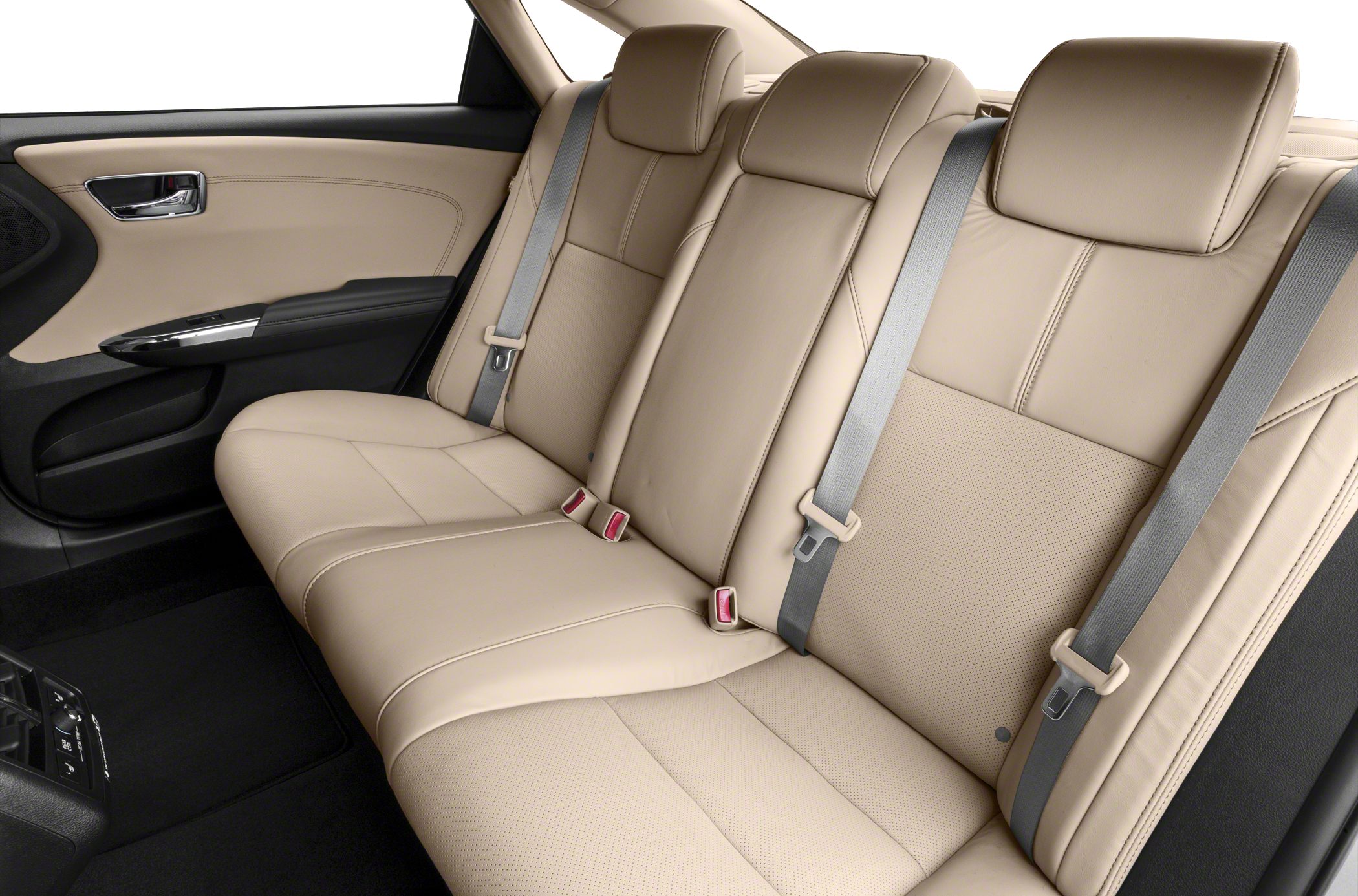 Beige leather rear seats with integrated headrests and seat belts