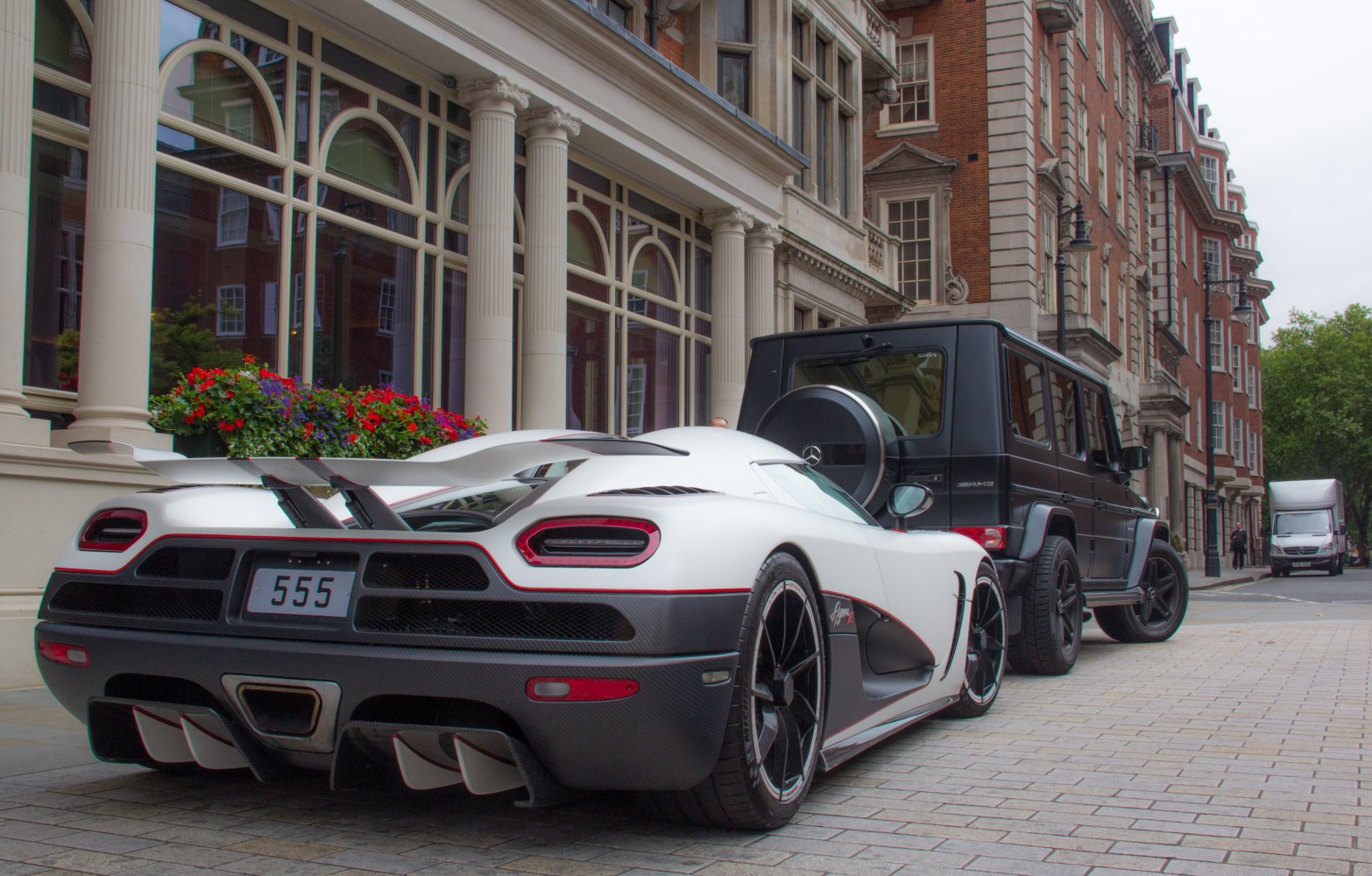 Rear view with large wing spoiler and aggressive diffuser