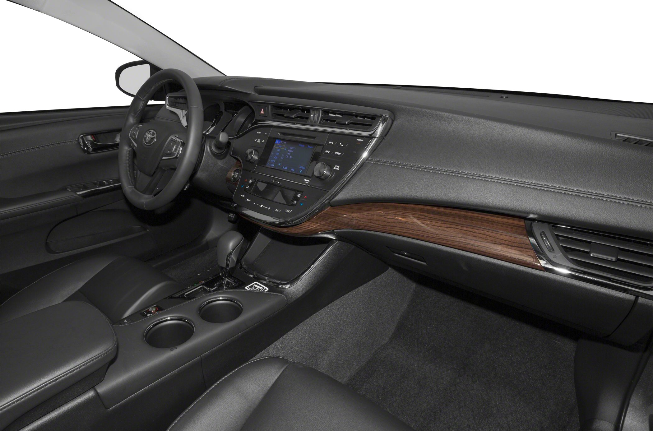 Modern car dashboard with wood trim and touchscreen interface