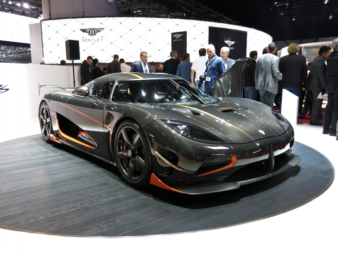 Carbon fiber body and aerodynamic features on a high-performance sports car.