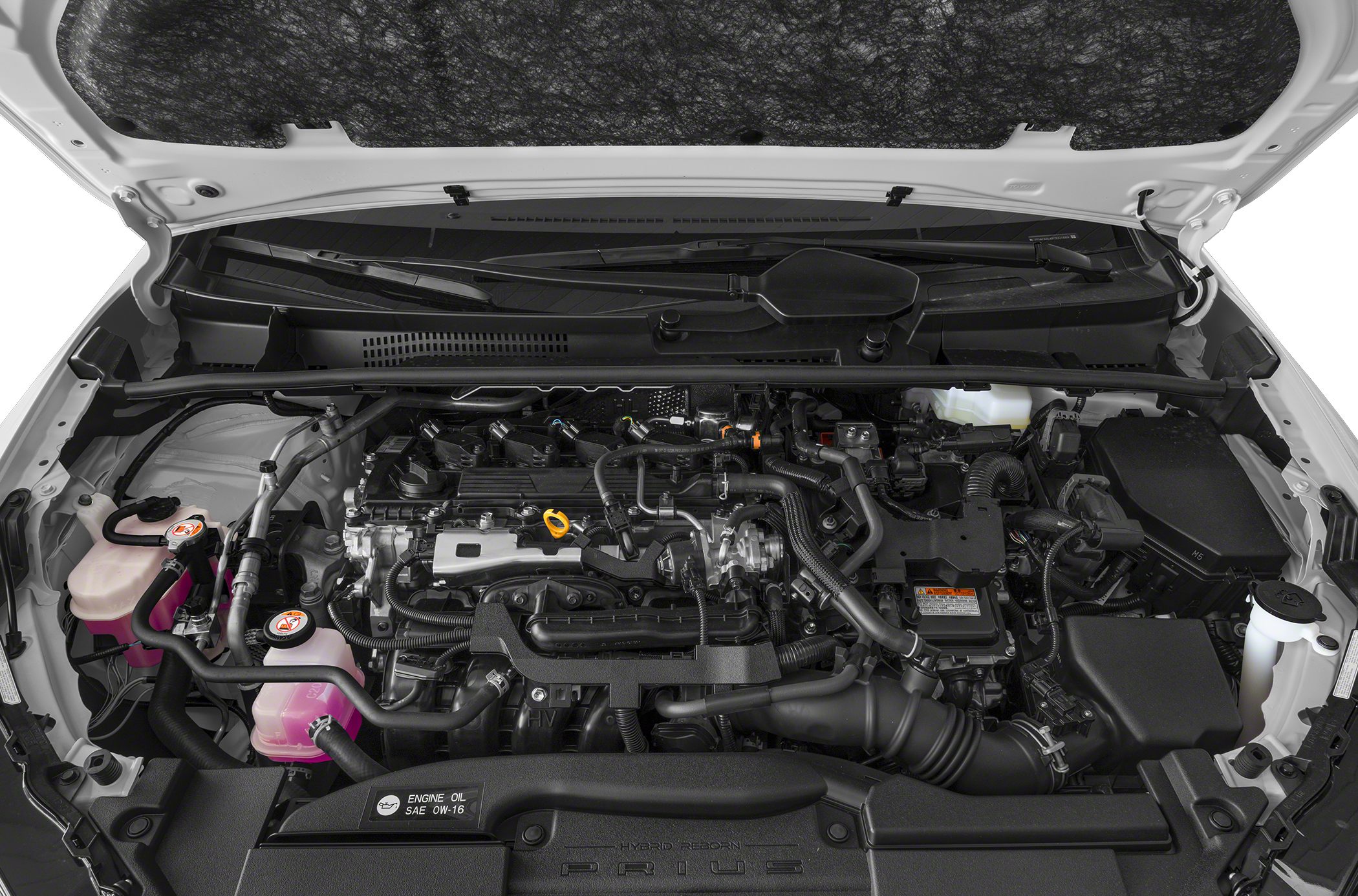 Modern hybrid engine bay with intricate wiring and fluid reservoirs.