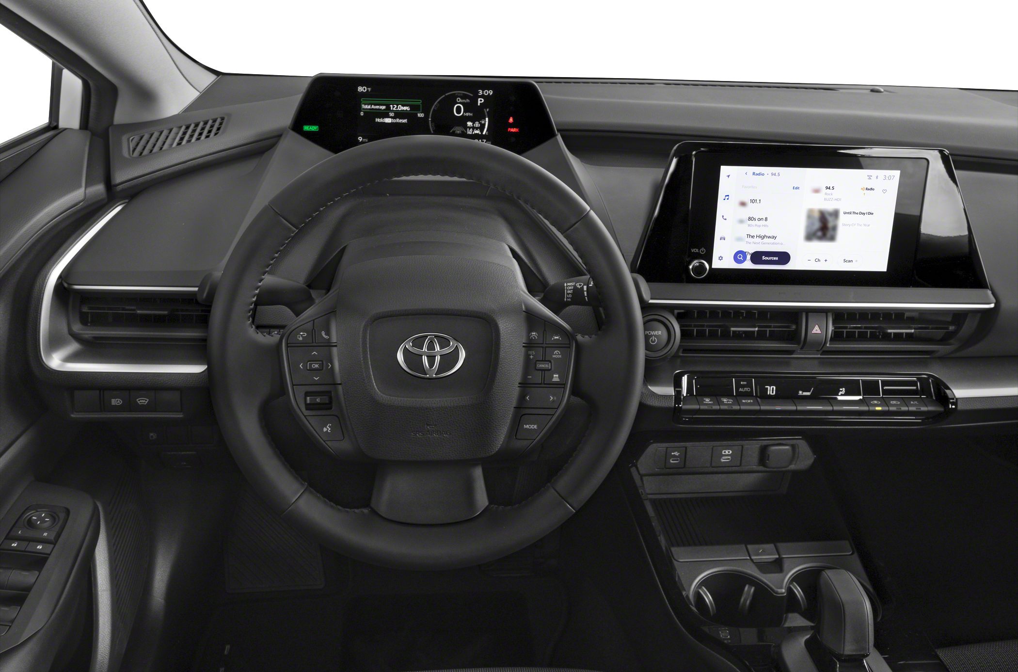 Steering wheel and dual digital displays in modern car interior