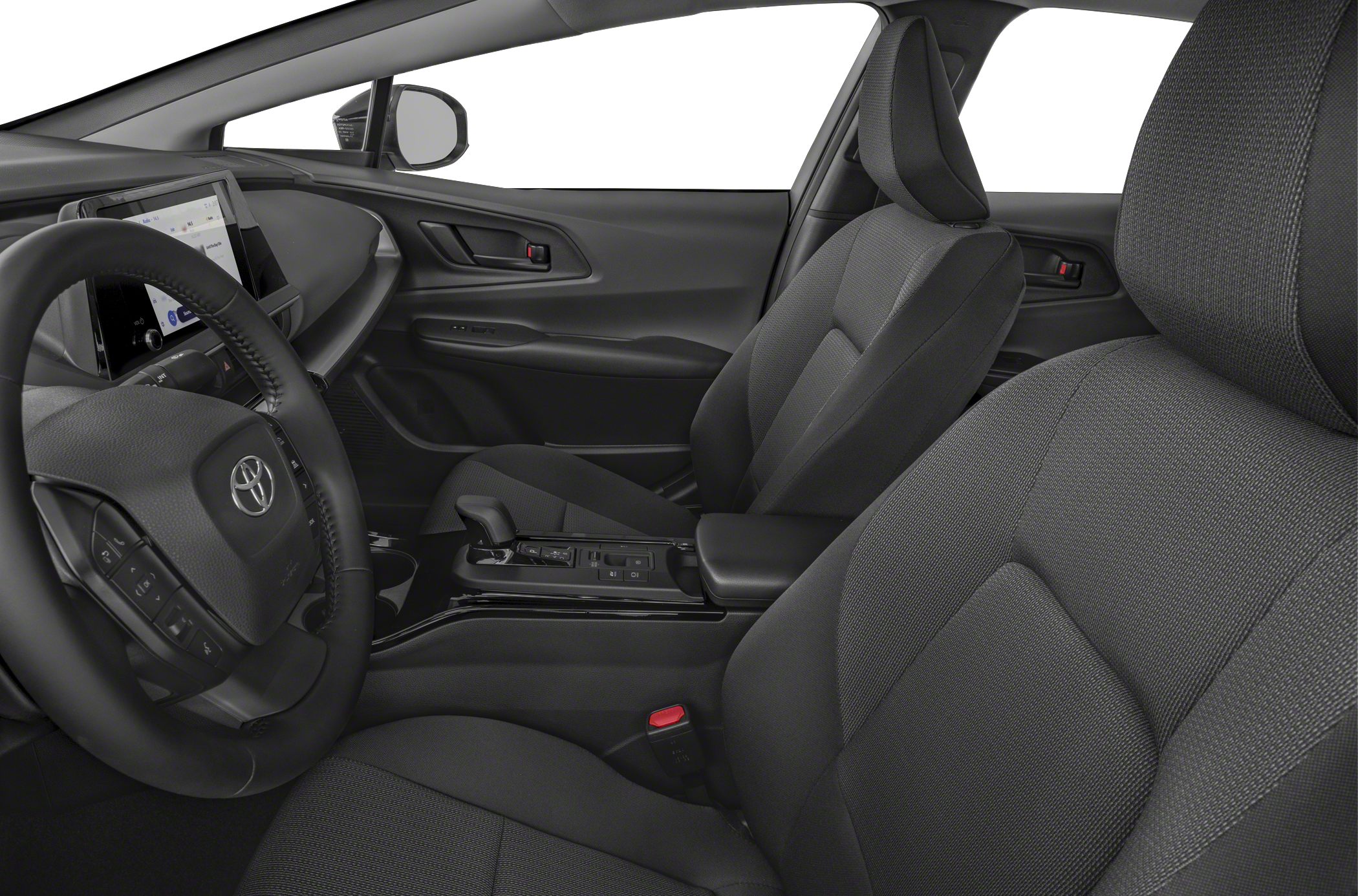 Interior view showing steering wheel and fabric front seats