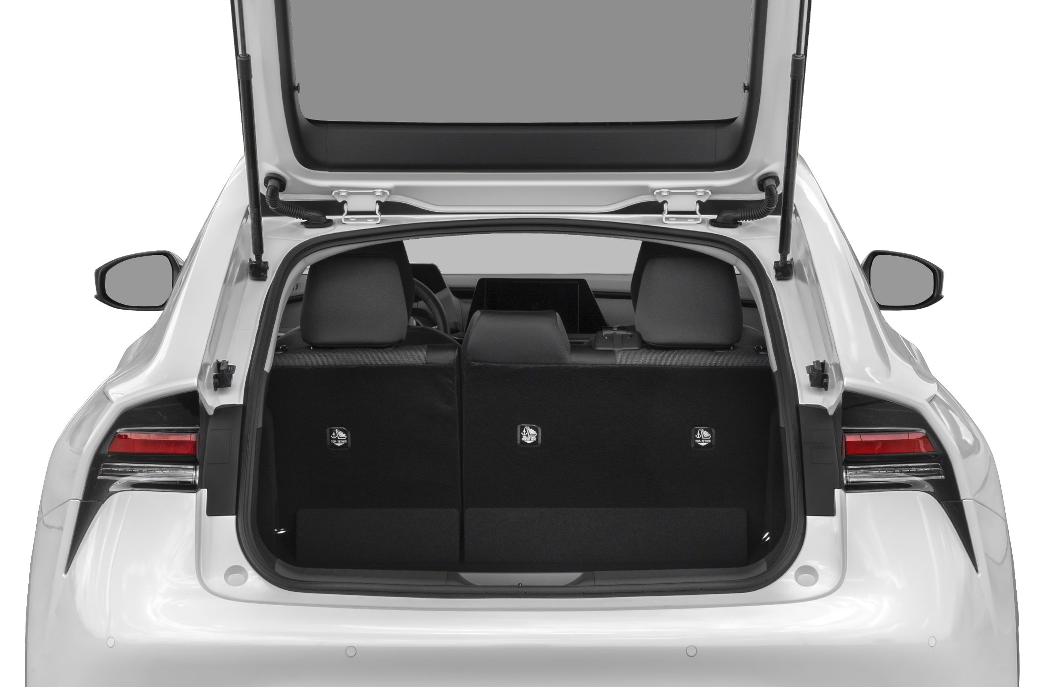 Open hatchback trunk with visible rear seats and interior
