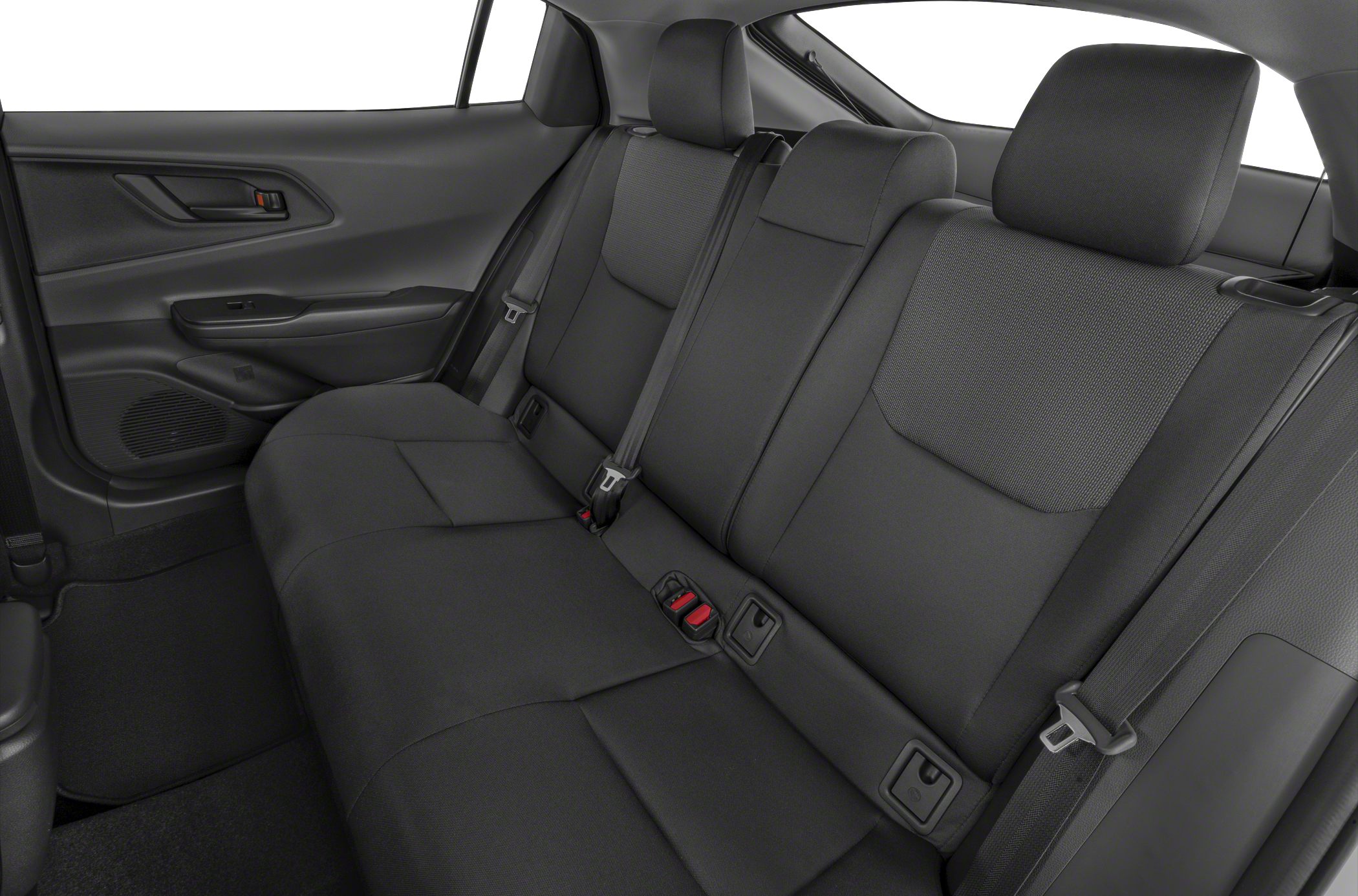 Rear passenger seats with fabric upholstery and integrated seat belts