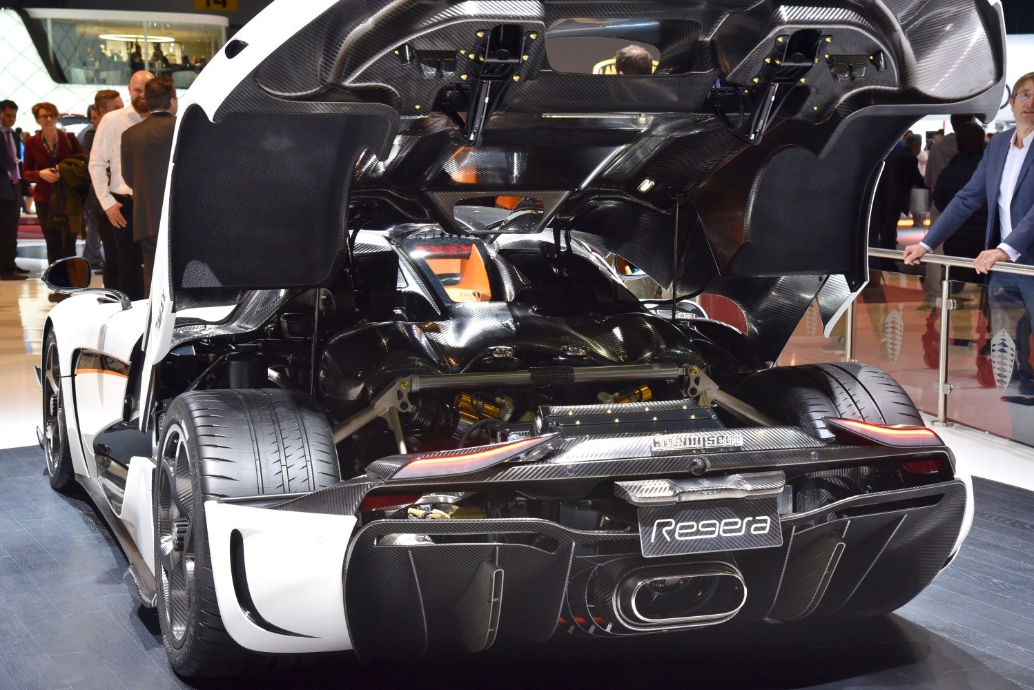 Open rear engine compartment with carbon fiber and wide tires