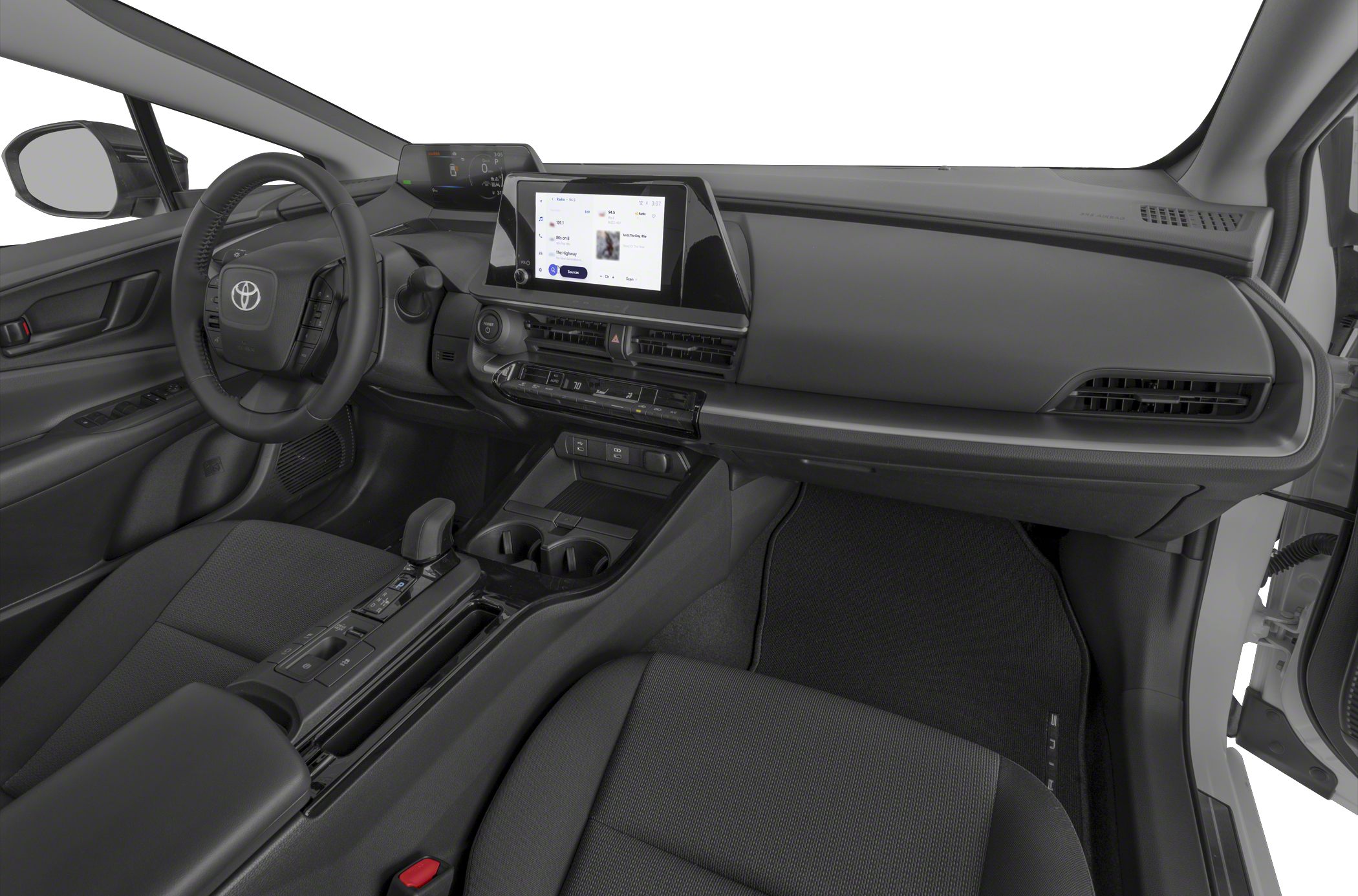 Digital instrument cluster and touchscreen infotainment center inside car interior