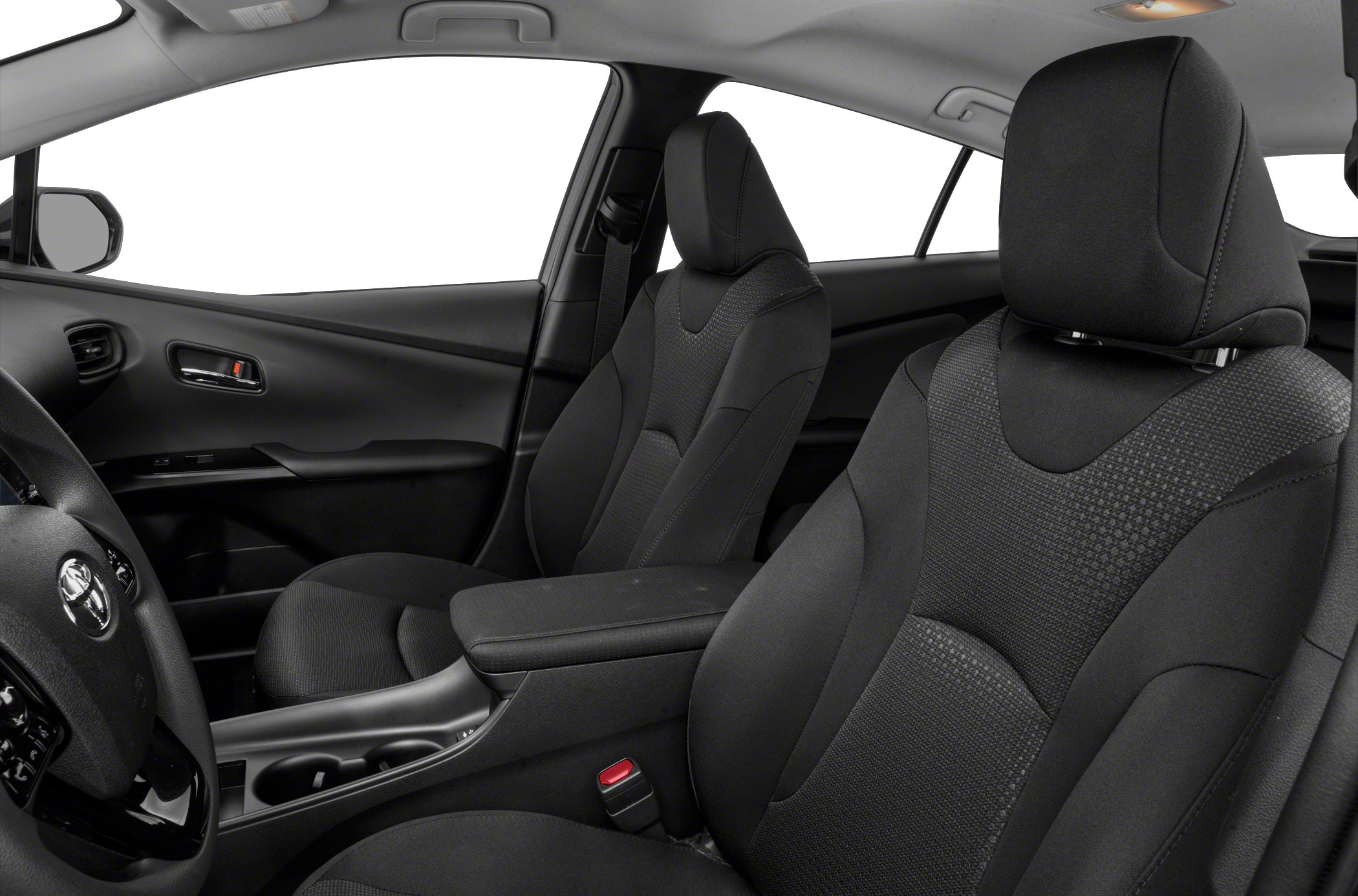 Black fabric front seats and interior of a modern hybrid vehicle