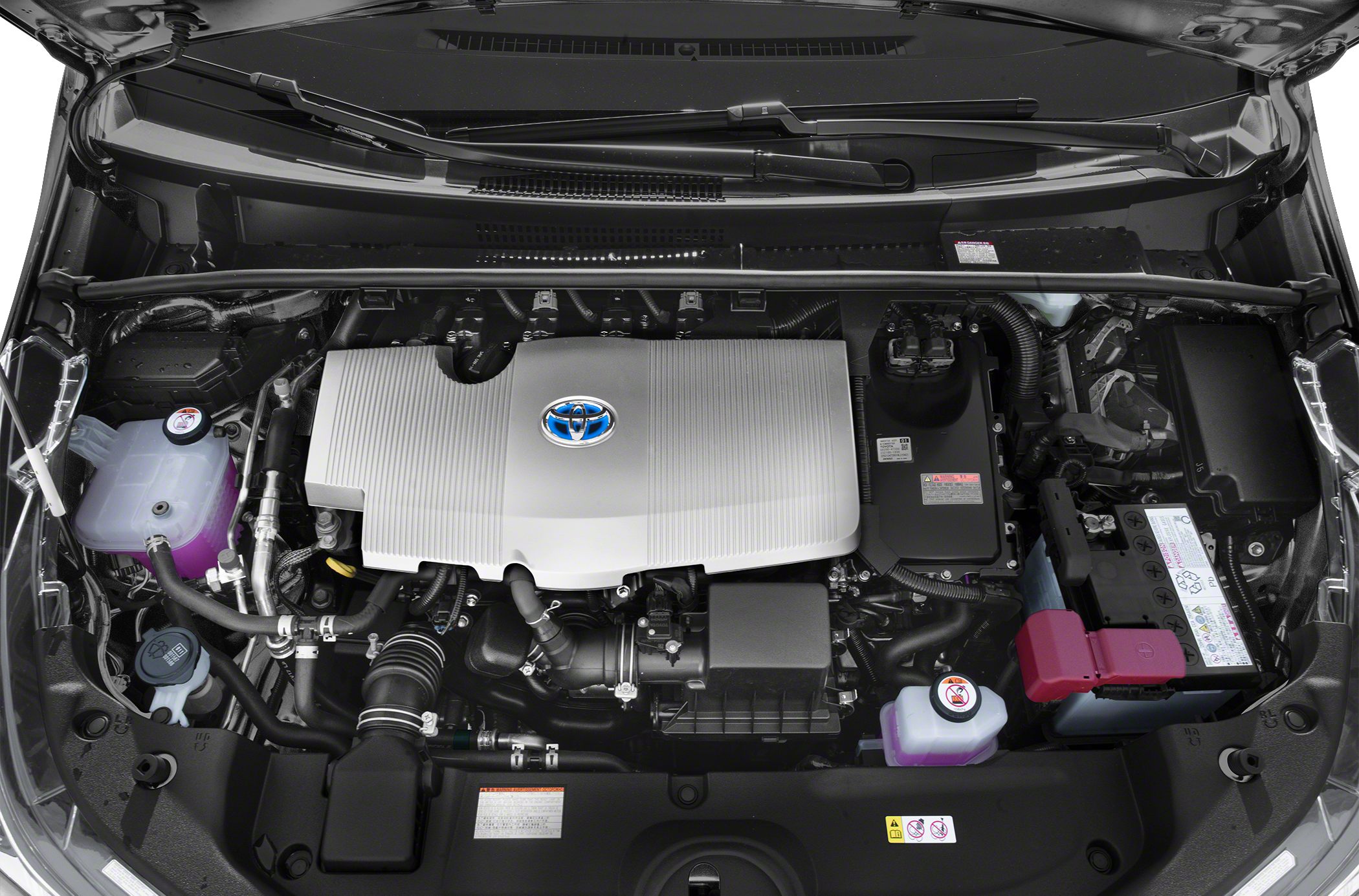 Clean hybrid engine bay with Toyota emblem and hybrid system components