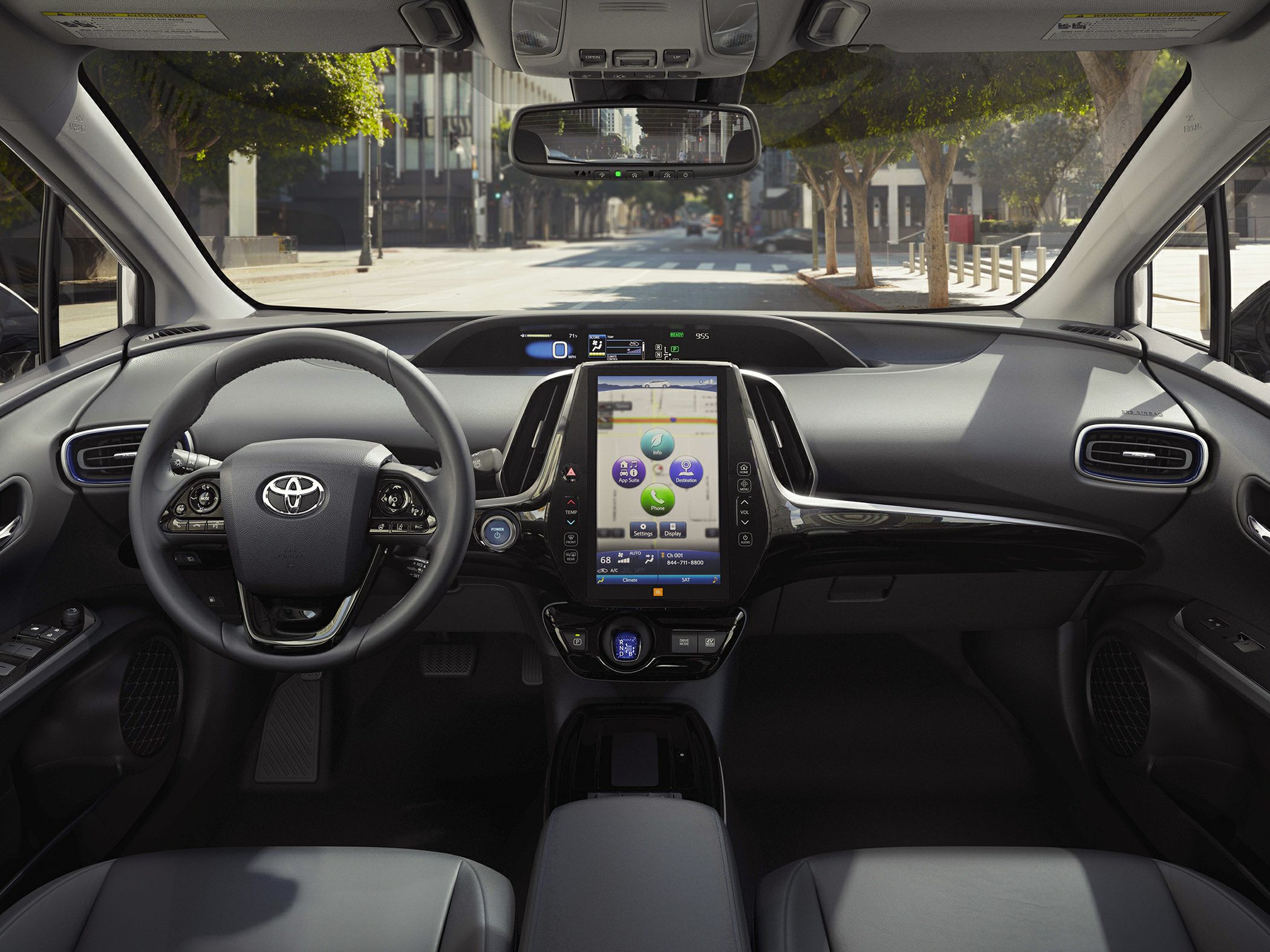 Dashboard with touchscreen, digital display, steering wheel in modern car interior