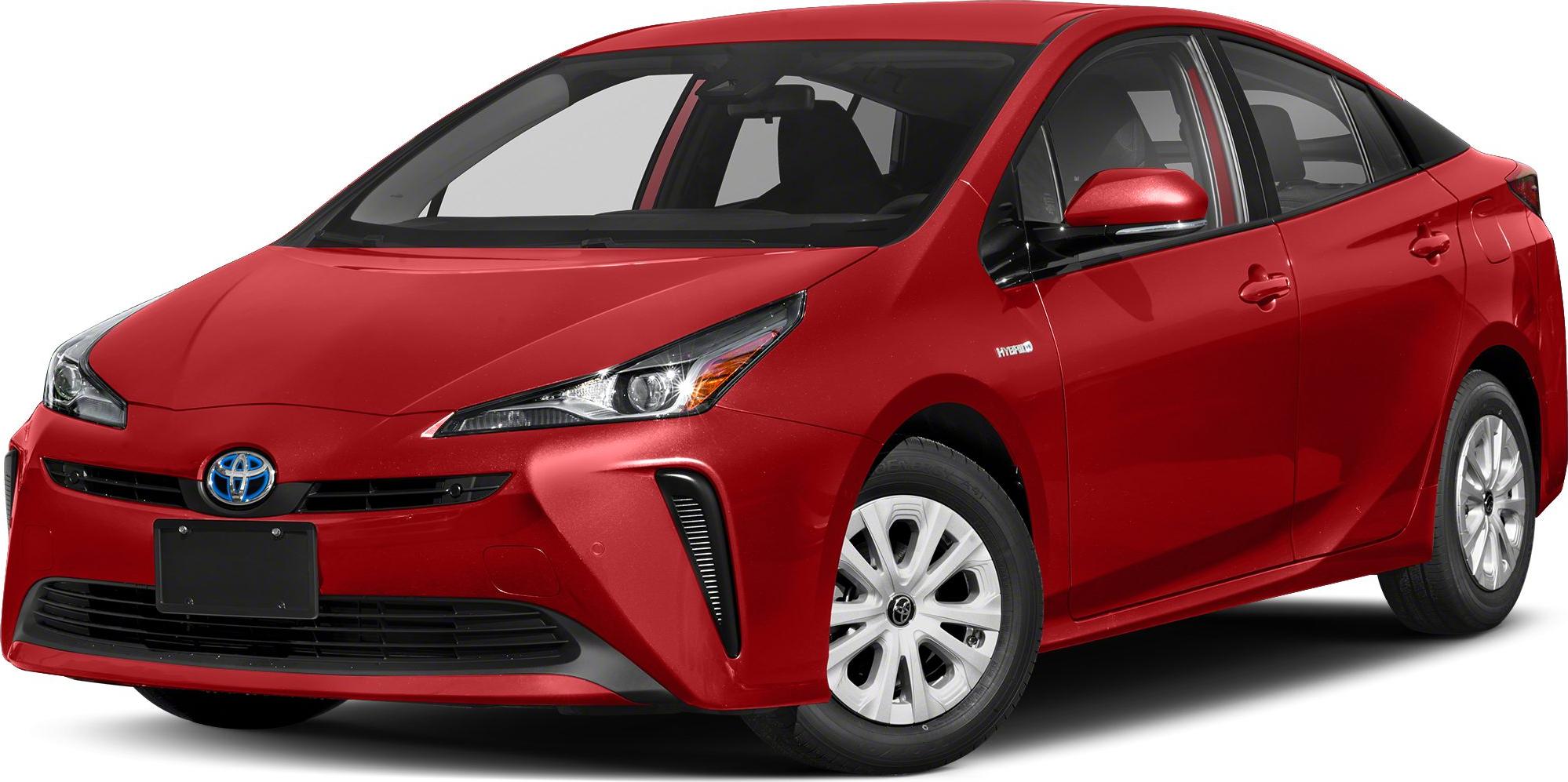 Front and side view of red hybrid hatchback with sleek headlights and aerodynamic profile