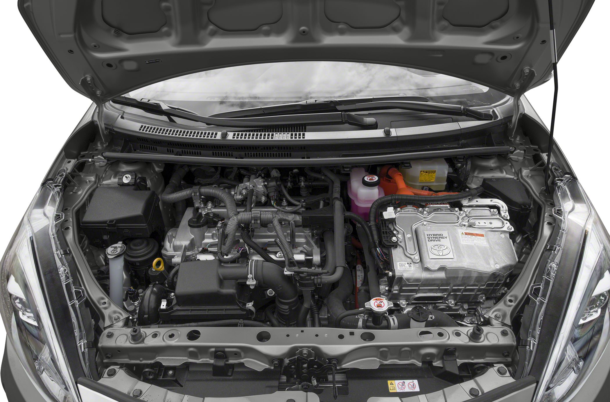 Hybrid engine bay with Hybrid Synergy Drive components and wiring harnesses