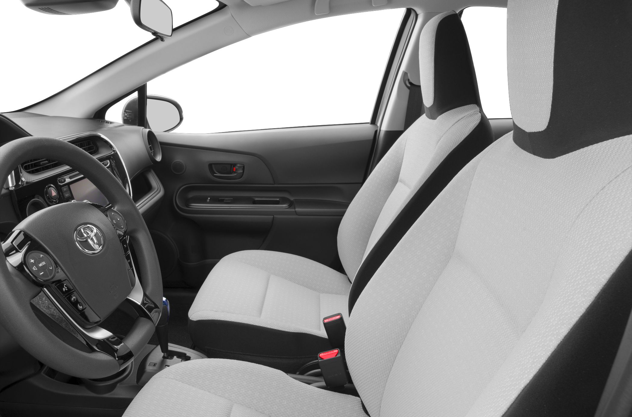 Front seats and dashboard with steering wheel controls